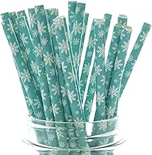 Frozen Snowflake Straws (25 Pack) - Christmas Paper Straws, Teal Green Blue, Winter Snow Flakes Party Supplies