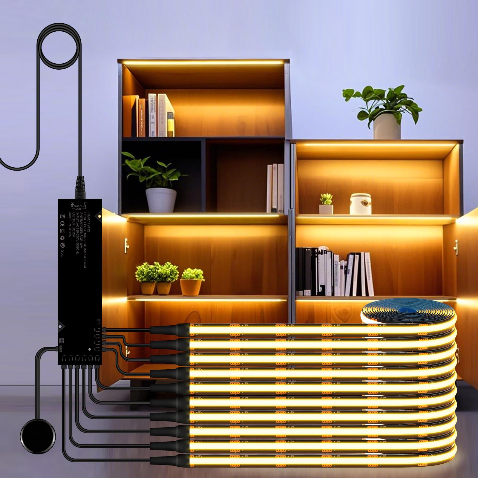 tlinkosta Black Cabinet Light COB LED Strip Lights 10-in-1 Dimmable Touch Control, Suitable for Display Cabinets, Wine Cabinets, Showcases (10, Warm Light 3000k, 3.3ft（1m）)
