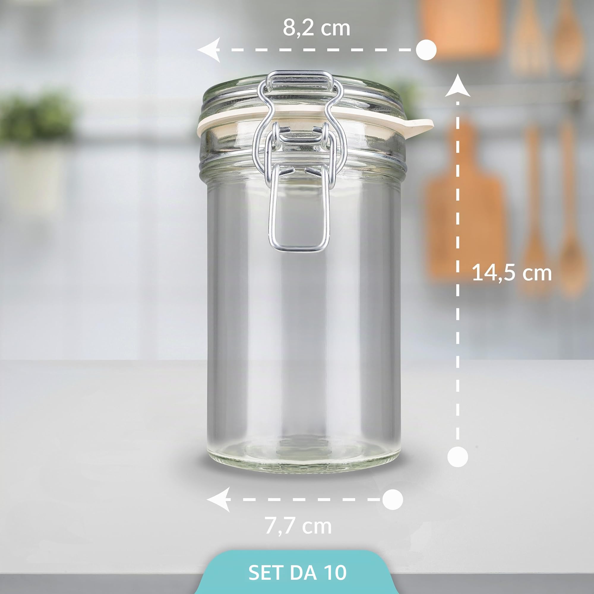 Creative Home Set 10 Barattoli in Vetro con Chiusura a Clip, 500 ml | 10 vasetti da 500 ml, vetro trasparente, chiusura a clip, 12 etichette, per sale zucchero caffè biscotti