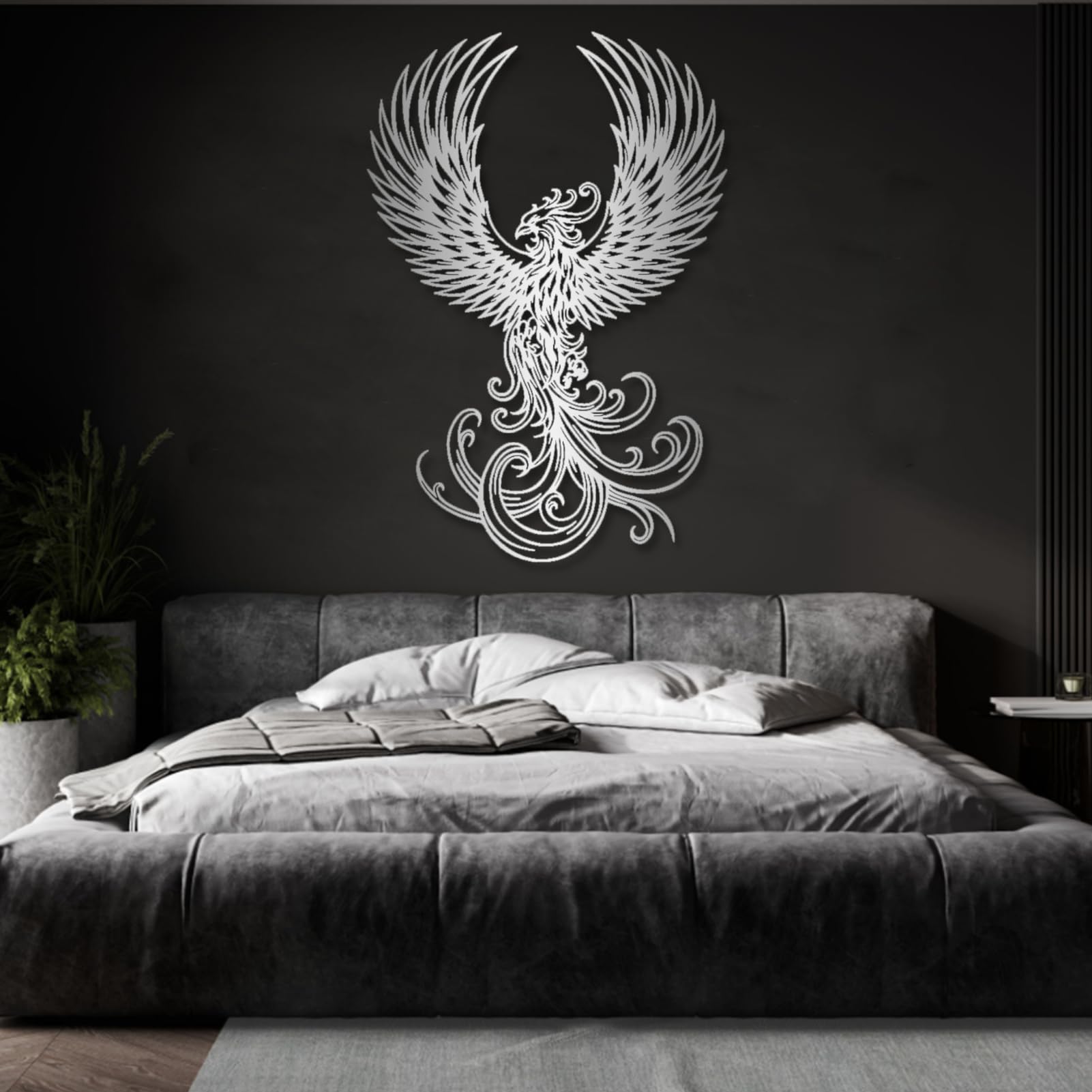 Metalowa sztuka ścienna - dekoracja feniksa, feniks, duży feniks, ptak feniks, ptak boho, mityczny ptak, wiszący salon, sypialnia, prezent na parapetówkę (48 x 70 cm, złoty)