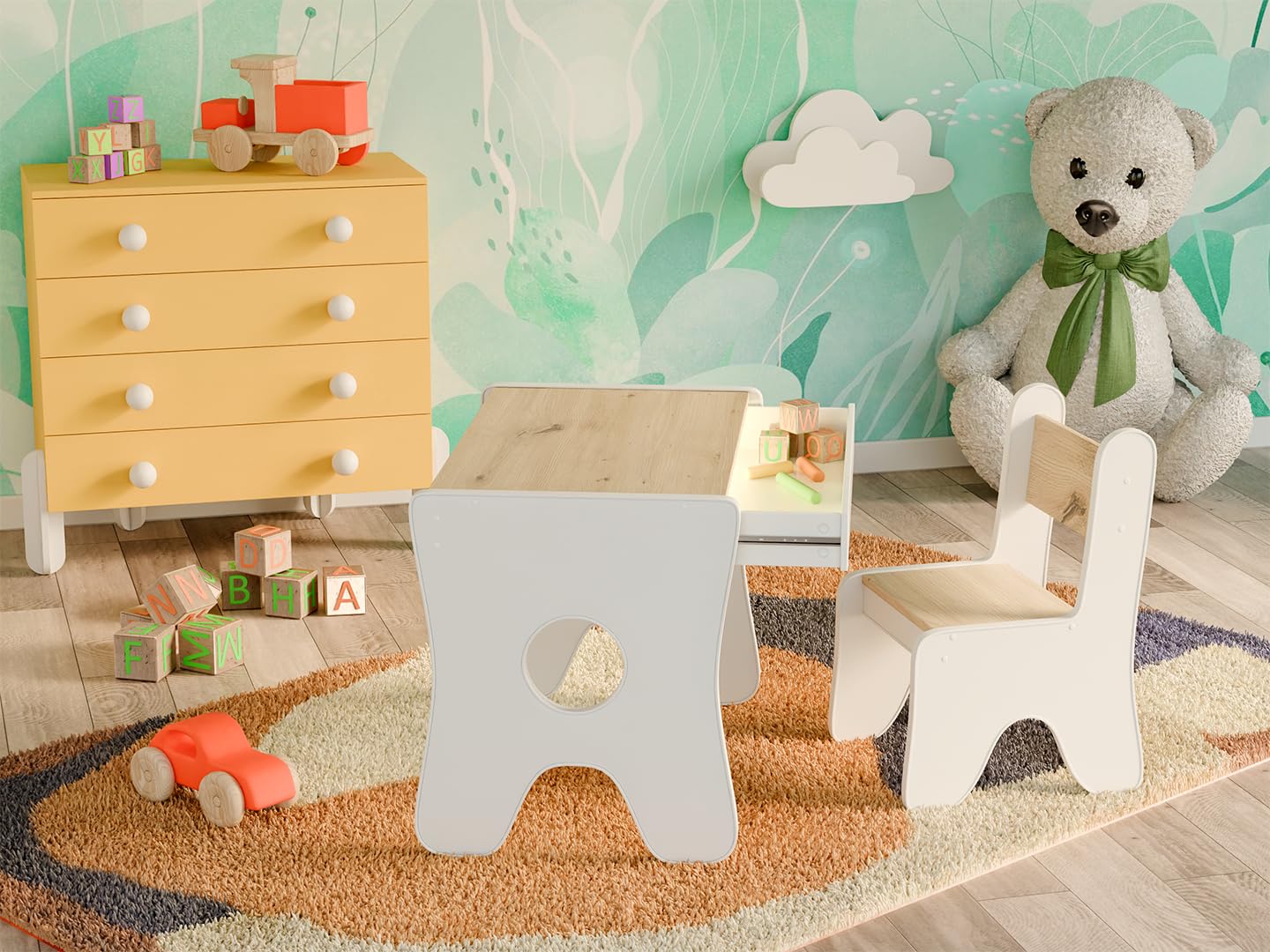 Happy Babies - Kinderschreibtisch-Stuhl-Set, ergonomischer Spieltisch mit geräumiger Schublade - Kinder-Lern- und Spieltisch - Kindermöbel, für den Kindergarten Teddybär (Handwerker)