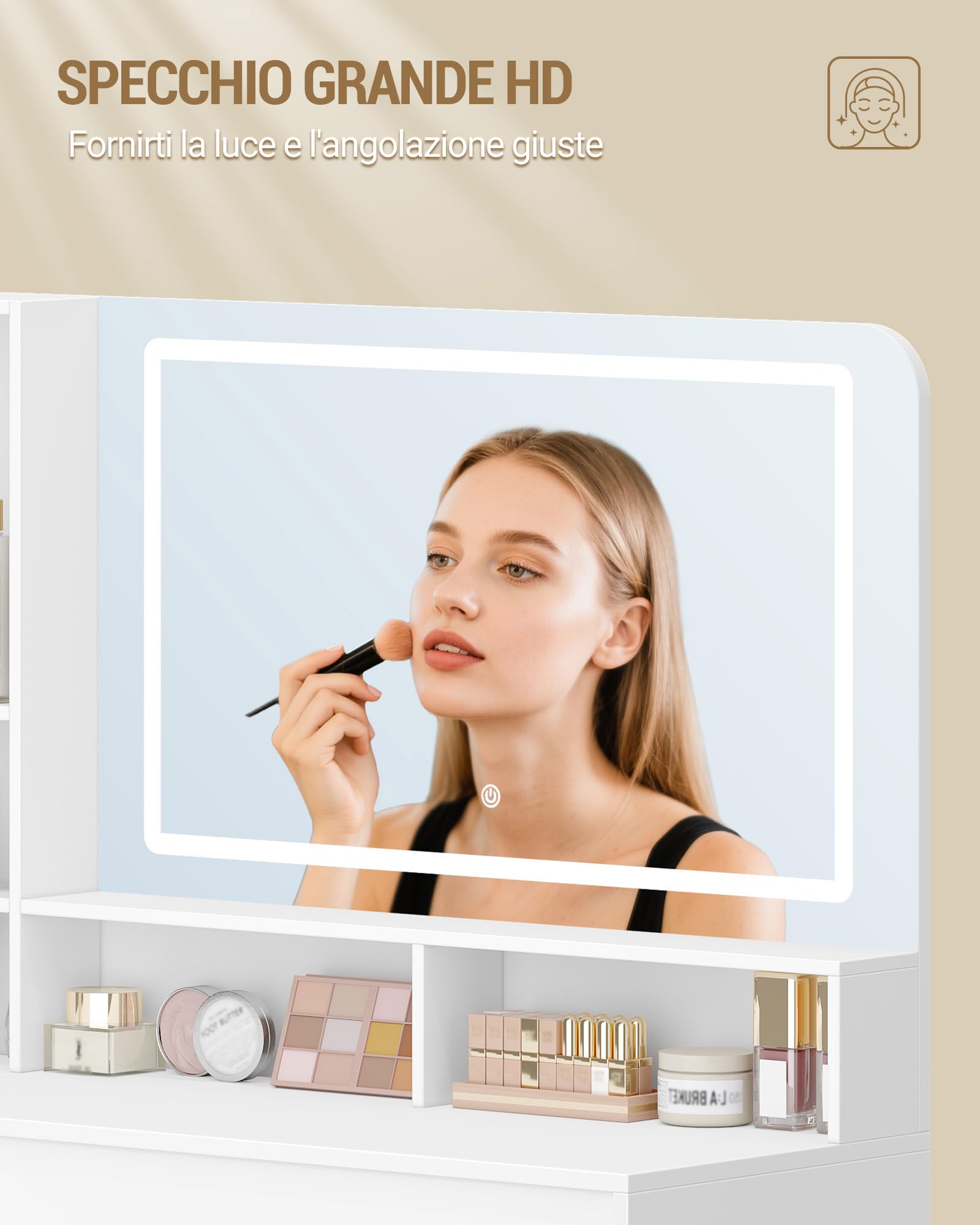 Hzuaneri Toeletta da Trucco Grande con Illuminazione a LED, Toeletta da Trucco con specchio, Postazione Truccos angolare a L con 5 cassetti, 7 scomparti aperti, ganci per collane, Bianco DT42503XEU