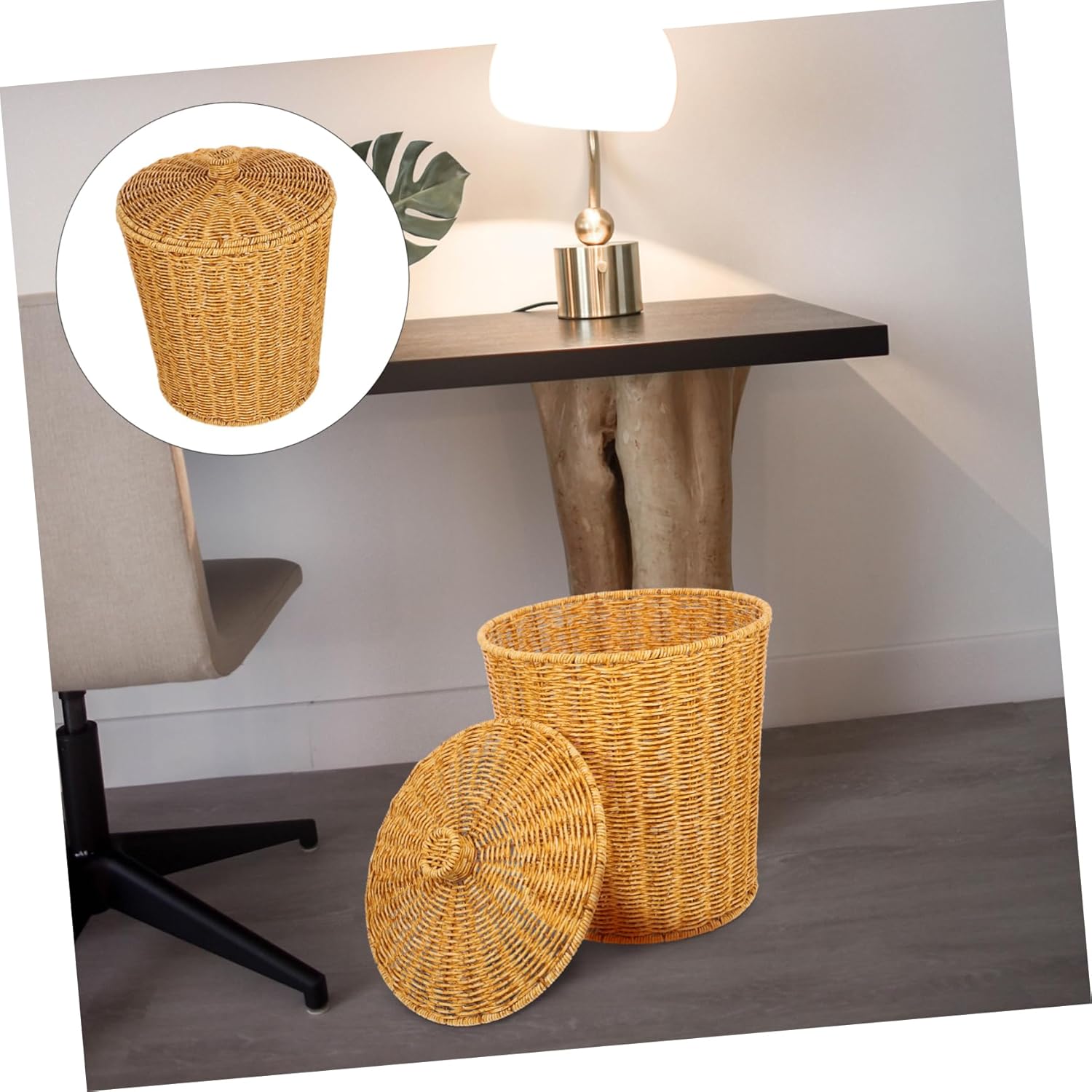 Rustic Imitation Rattan Trash Can with Lid Multi-Functional Storage Basket for Bedroom Home Organization and Sundries Practical Waste Container for Clothes Toys and More
