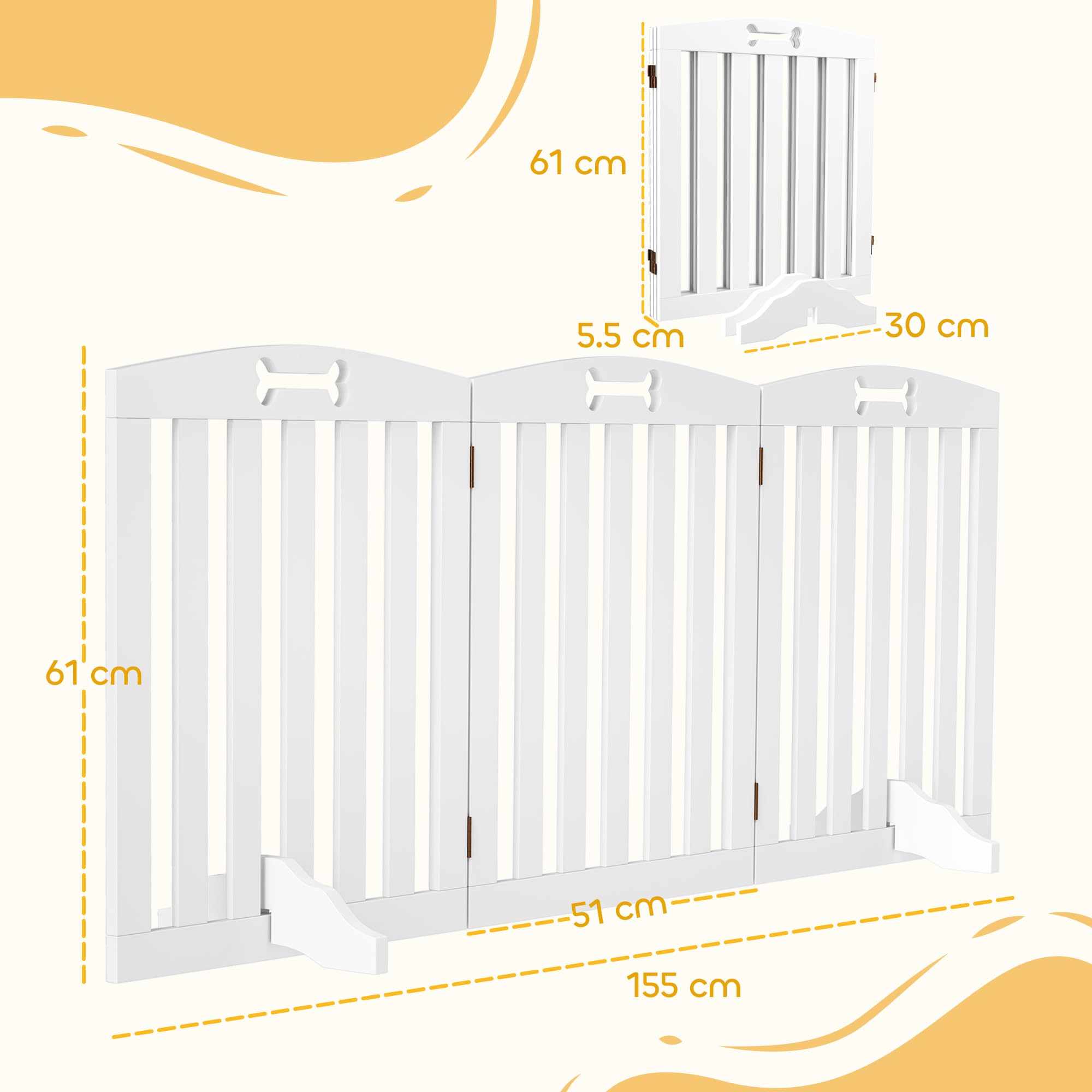 PawHut Cancellino per Cani Pieghevole a 3 Pannelli 155x30x61 cm Bianco | 2 Supporti, Cancelletto di Sicurezza in MDF, Da Interno