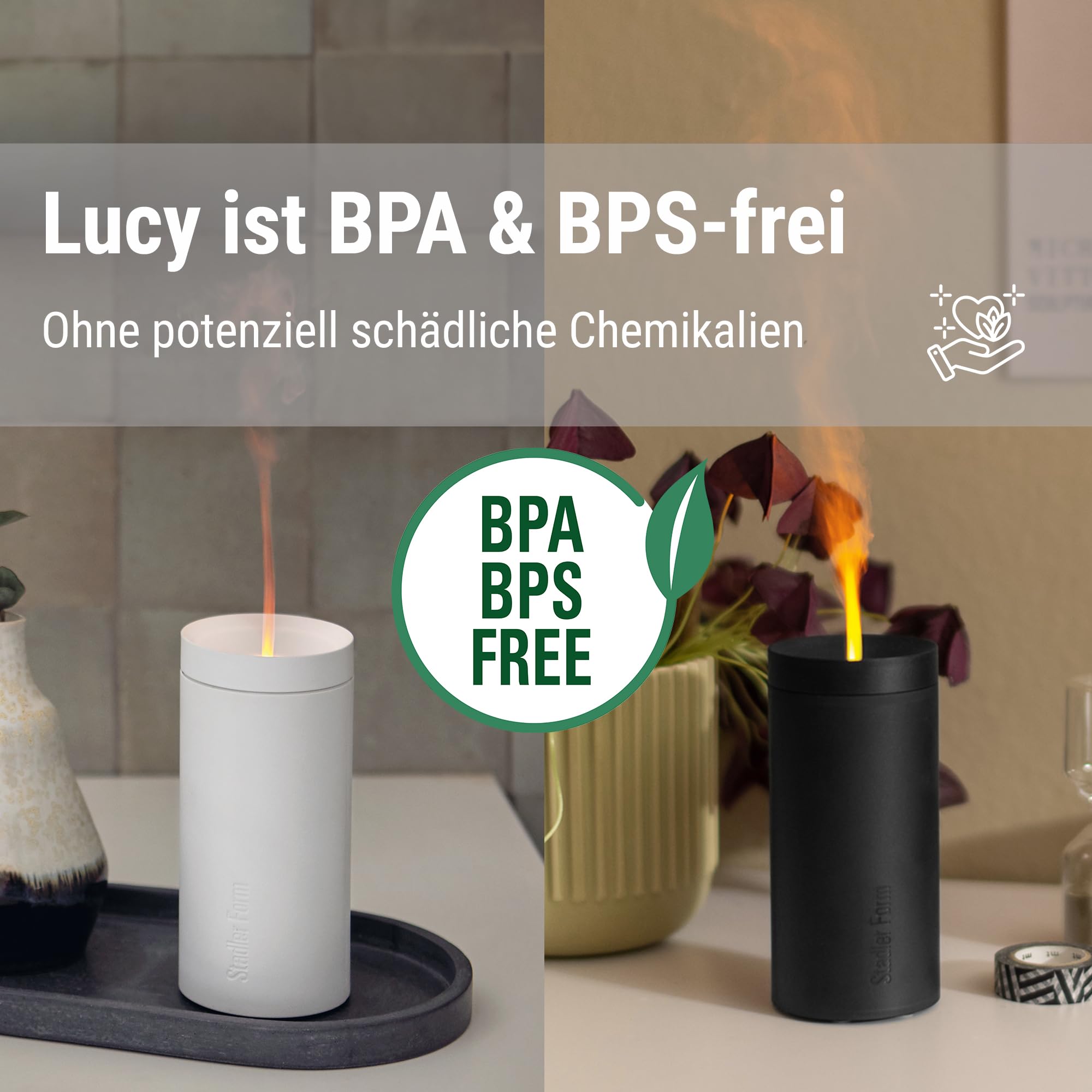 Stadler Form Aroma Diffuser Lucy, kabellos, für ätherische Öle | Mit Akku, bis 7 h Laufzeit, Ultraschall-Technologie, mit Flammen-Effekt, für Entspannung und Aromatherapie, schwarz