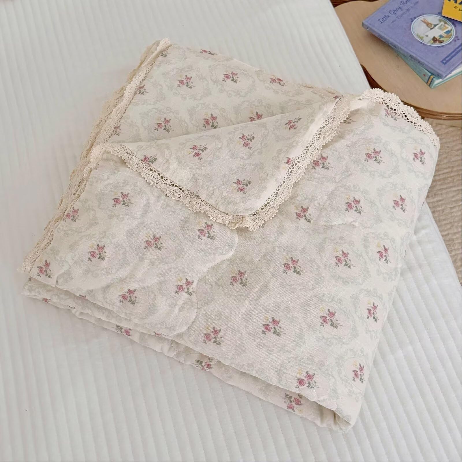 BuLuTu Double-Layer Cotton Muslin Toddler Quilted Blanket, Romantic Floral Design Baby Girls Crib Comforter with Lace Edges, Soft Lightweight Kids Quilt, 47"x59", Begonia Print
