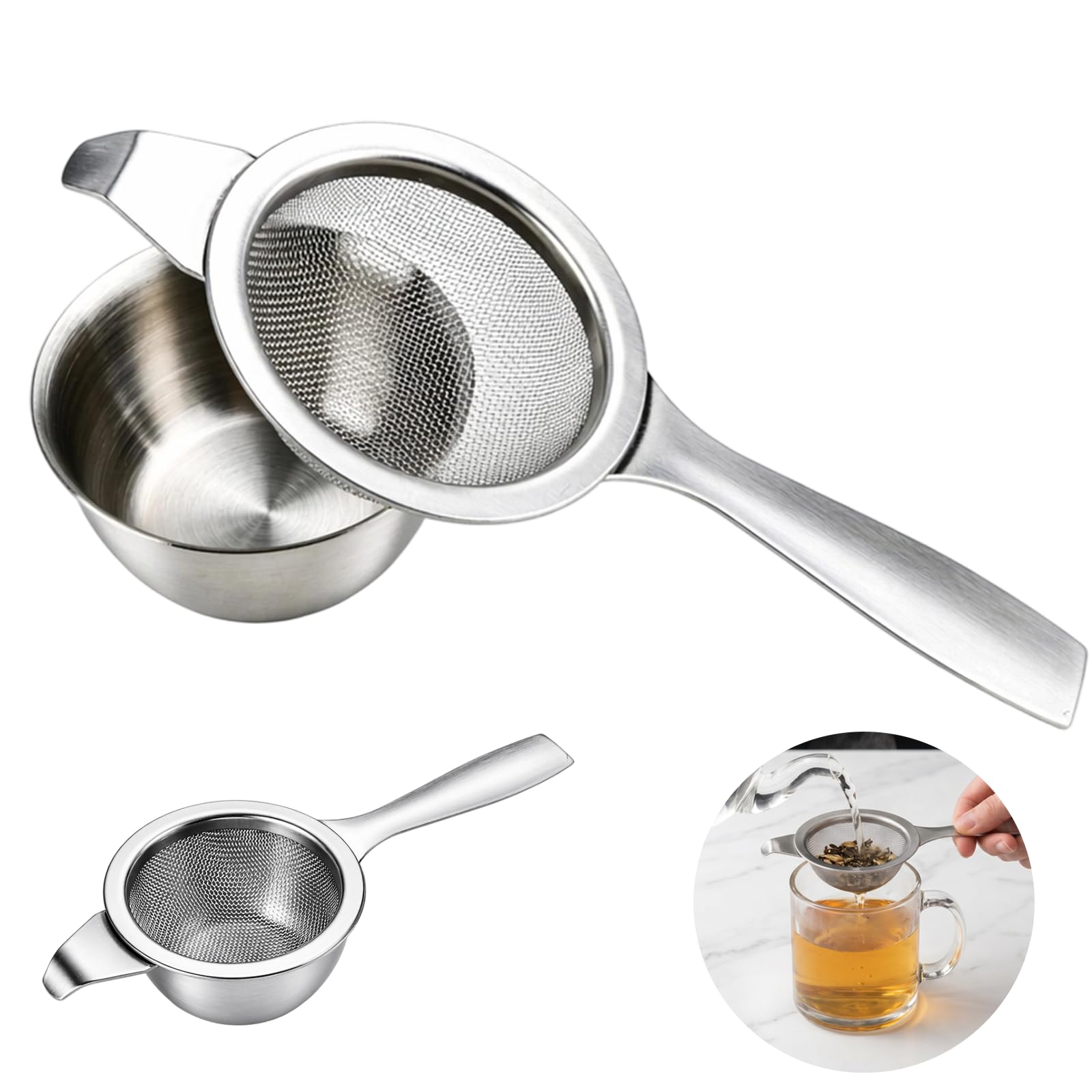 Stainless Steel Tea Strainer Fine Mesh Sieve Metal Sifter with Drip Bowl