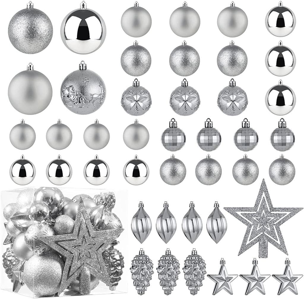 Homion Silver Christmas Ball Baubles Decoration Tree Ornaments Including Balls Stars And A Tree Topper Shatterproof Xmas Hanging 43 Pieces Set Home Office Outdoor Indoor (, 43Pc)