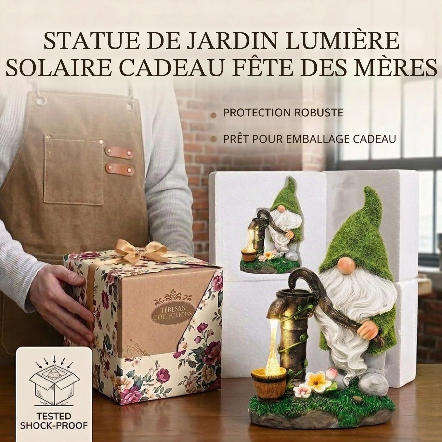 TERESA'S COLLECTIONS Décorations de Jardin Extérieur, Adorables Lutins Verts Pompant l'Eau avec Lumières Solaires, Gnomes en Résine Imperméables, Décorations de Jardin, Cadeaux, Intérieur Extérieur