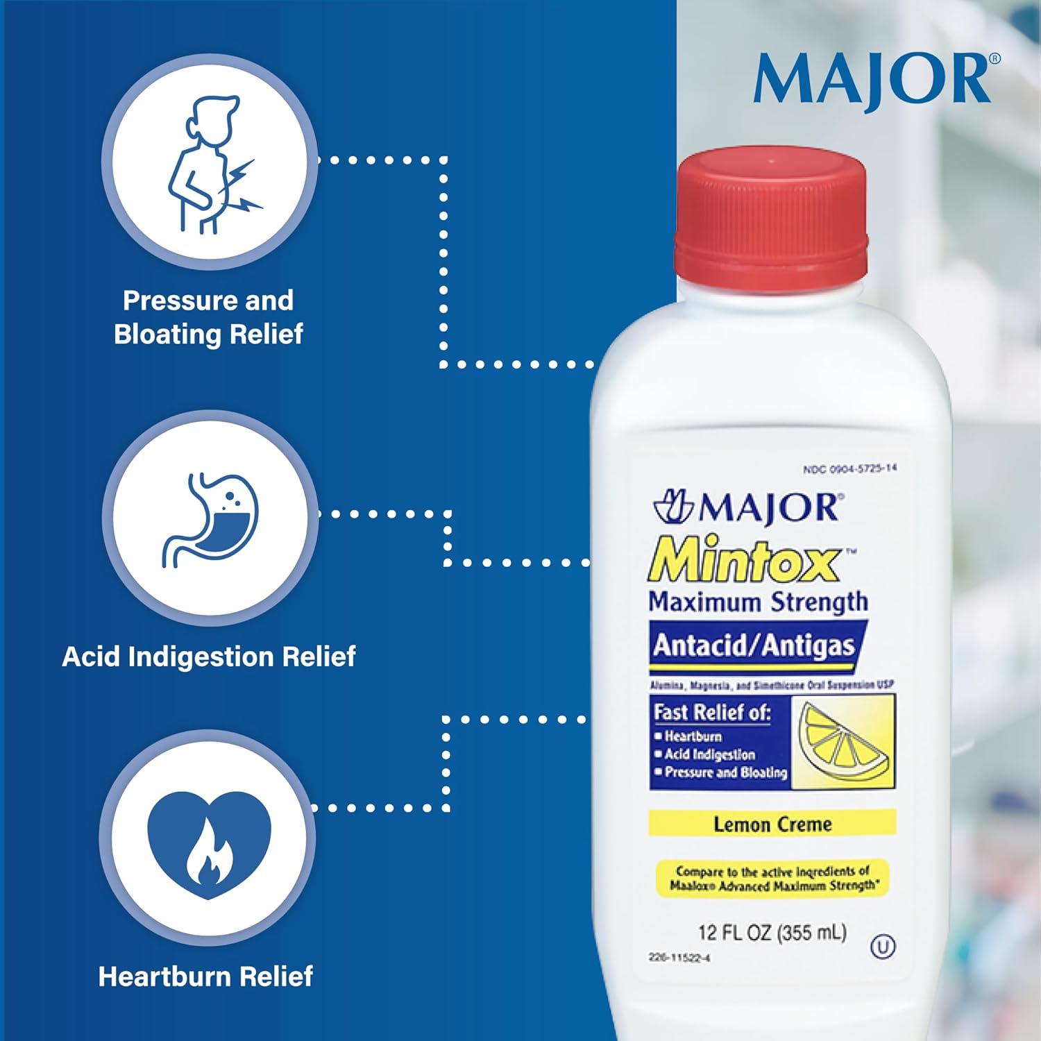 MAJOR Mintox Maximum Strength Antacid/Antigas for Fast Relief of Heartburn, Acid Indigestion, Pressure, Bloating - Lemon Creme - 12 Fl Oz (355 mL) (6 Pack)