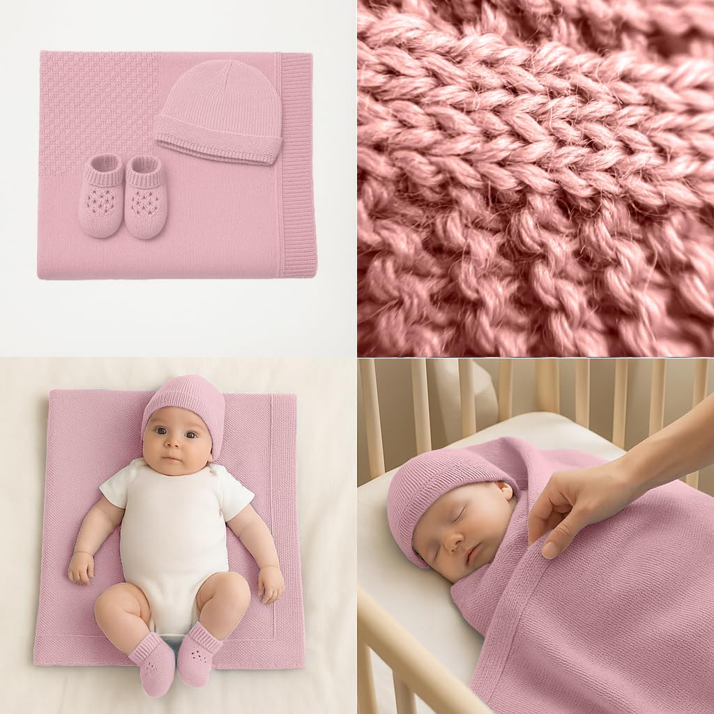 CLASSE77 Copertina in Lana Merino per Neonati con Babbucce e Cappello, Prodotto Artigianale, Made in Italy (Rosa)