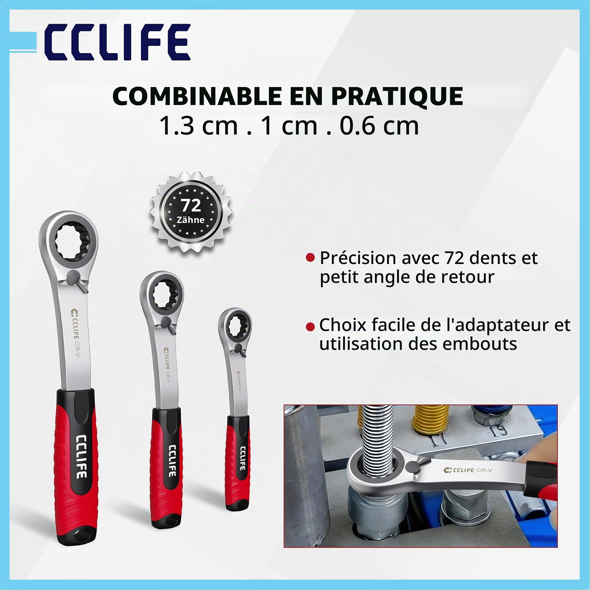 CCLIFE Jeu de clés à douille 47 pièces 4-24 mm | Design traversé | Barres filetées et boulons | Adaptateur 1/4" 3/8" 1/2" | Acier CrV | Embouts | Mallette