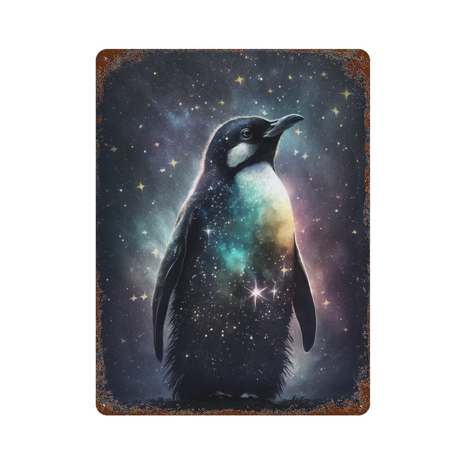 Distressed Metal Wall Sign Galactic Penguin in Space 15.7"x11.8", Old School Wall Decor for Bistro, Counter And Cafe Decor