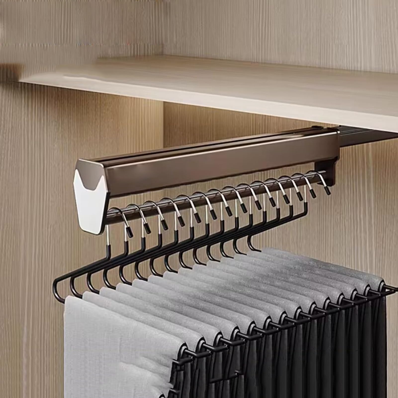 OLSKFUH Pull-Out Trouser Rack Removable Pull-Out Rack Wardrobe Storage Expandable Space Saving Drawer-Style Hanger Rod Rolling Trolley,Adjustable Pull-Out Trousers Rack & Clothe,Brown-600MM/23.6INCH