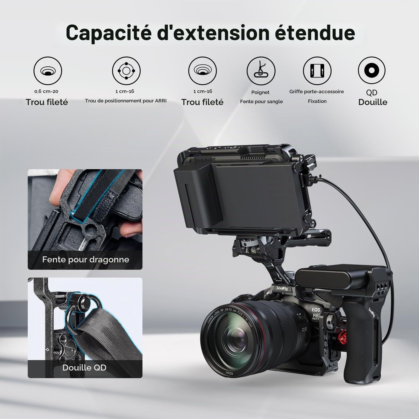 SMALLRIG Black Mamba Cage pour Canon R6 Mark II, Plaque de Dégagement Rapide Intégrée pour Arca, Cage Vidéo pour Appareil Photo avec Cold Shoe, Trous Filetés 1/4''-20 et 3/8''-16-4161
