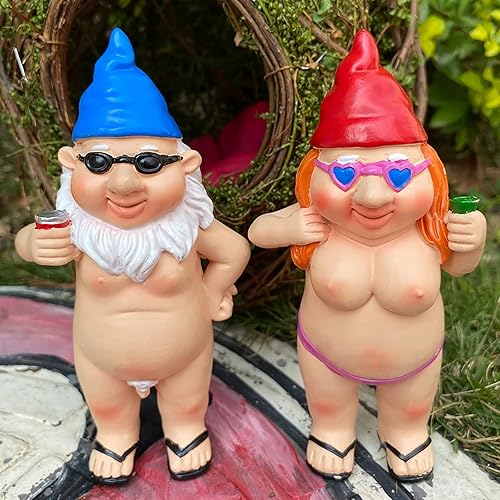 2 estatuas de gnomos desnudos de 5 pulgadas, gnomos traviesos, divertidos, sexy, de resina, nudos, para el hogar, interiores o exteriores, césped,