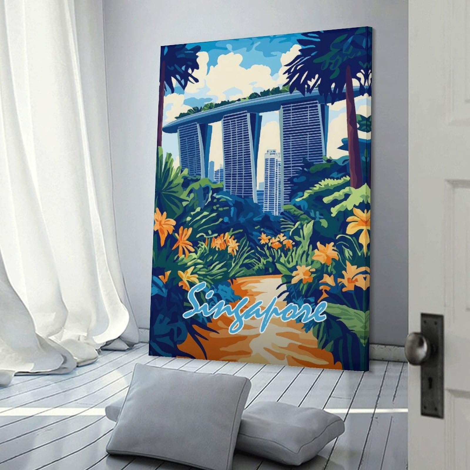 Junmoney Singapore Skyline Art Print Home Decor Wall Art, 24x36inch(60x90cm), for Apartments, Flats Or New Home Decor, An Easy Choice for New Home Styling