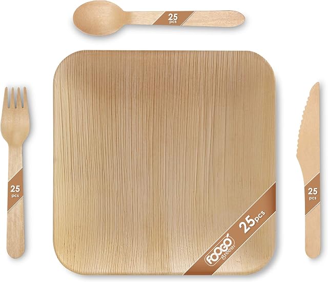 FOOGO Green 100pcs Disposable Palm Leaf Plates and Wooden Cutlery Set| 25x Large Square Plates, 25x Forks, 25x Knives, 25x Spoons |Eco Friendly Biodegradable|Wedding Party Rigid Paper Wooden Plates