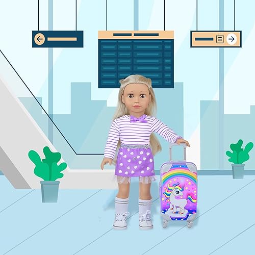 Miniatura 5 de DONTNO 29 piezas de ropa y accesorios de muñeca americana, lindo juego de viaje para muñecas de 18 pulgadas con traje de ropa morado, maleta de