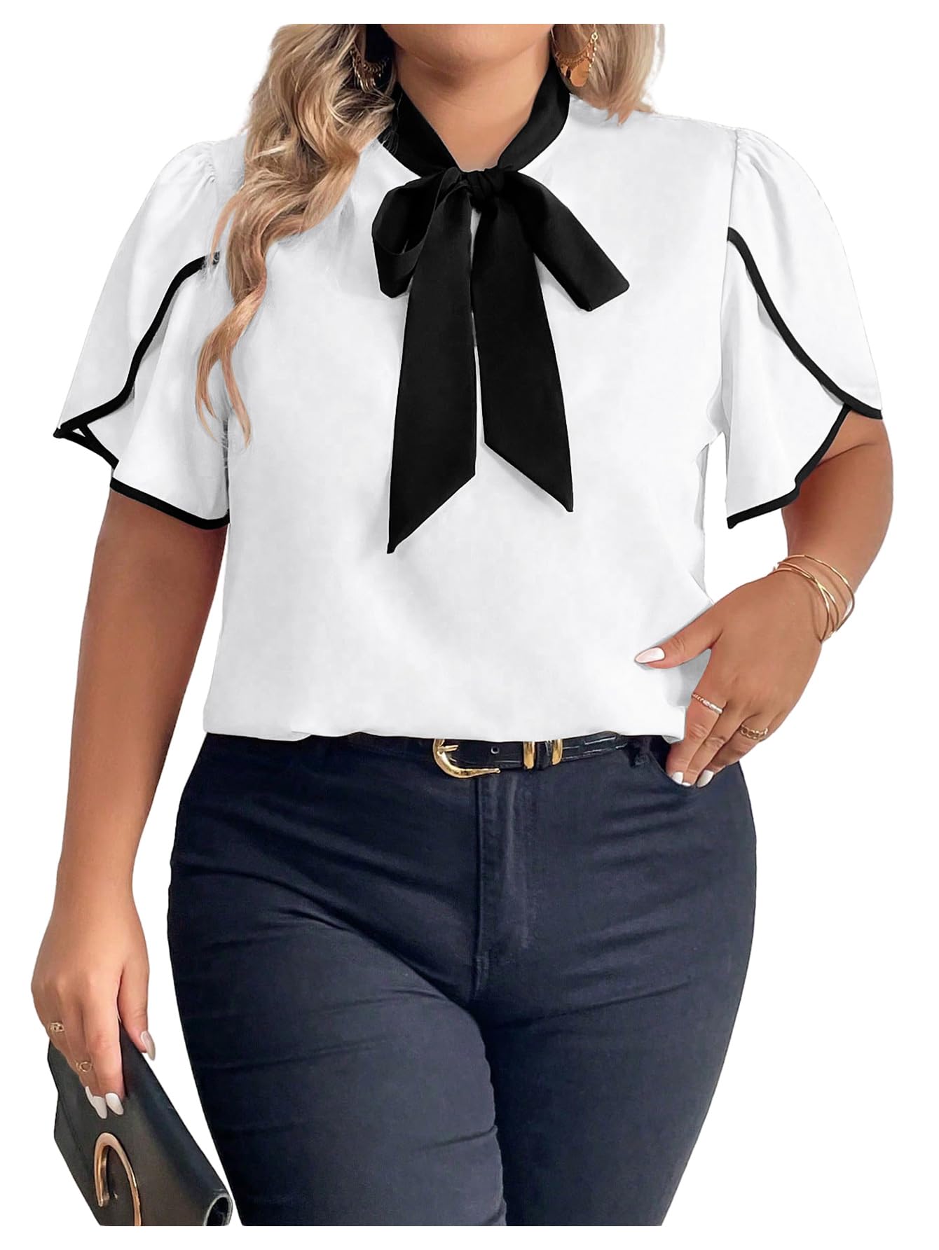 BEAUDRM Women's Plus Size Work Office Blouse Bow Tie Neck Petal Sleeve Business Casual Blouse Shirts Top