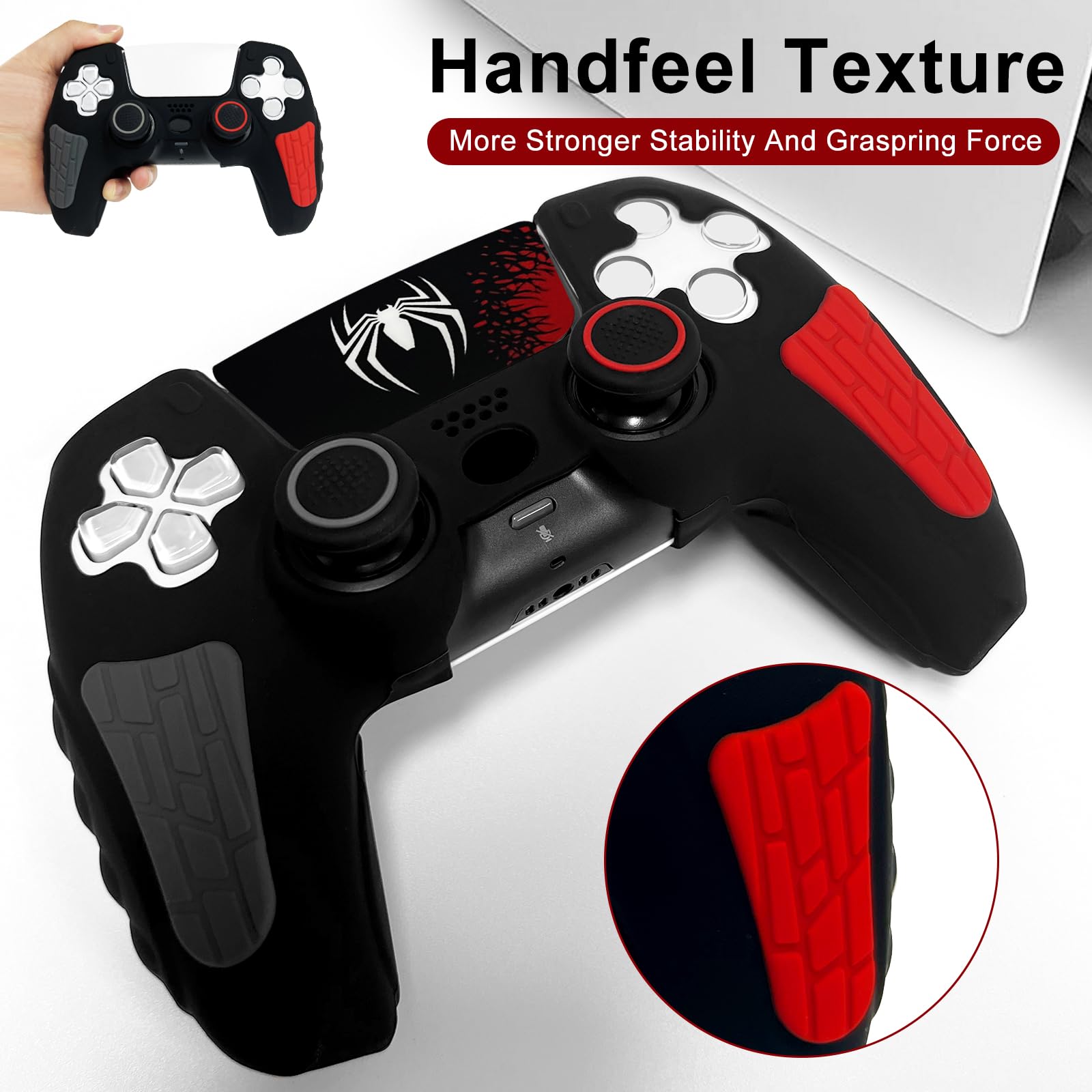 Funda protectora antideslizante de silicona para PS5, diseño de araña negra y suave, compatible con mando PS5/Slim/Pro con 2 tapas de agarre para el pulgar, protectores de joystick, calcomanía