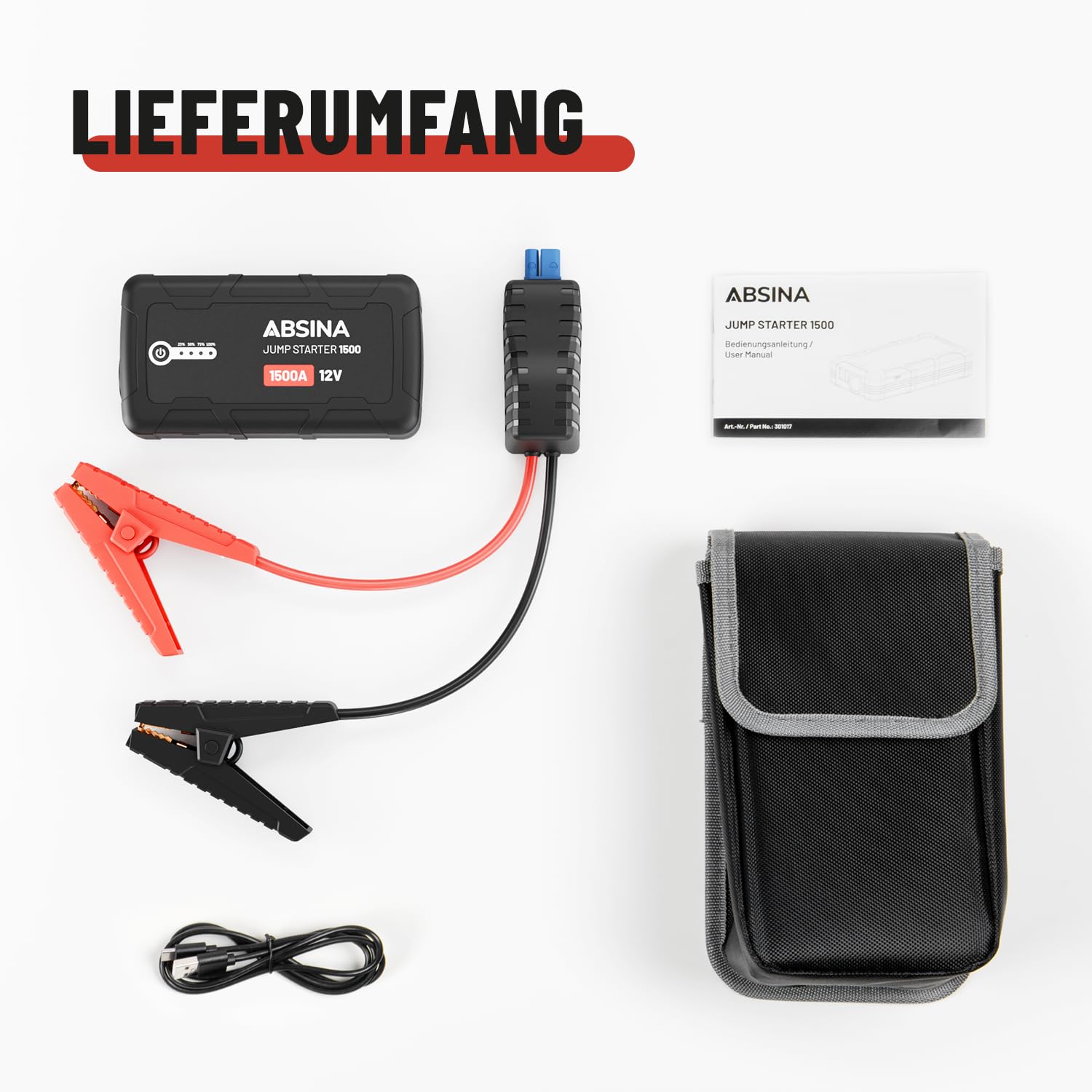 ABSINA Auto Starthilfe Powerbank 1500A - 12V Starthilfegerät geeignet für 6L Benzin & 4L Diesel - KFZ Starter Powerbank mit 2 USB Ports & Taschenlampe - Jump Starter, Auto Booster Starthilfe PKW