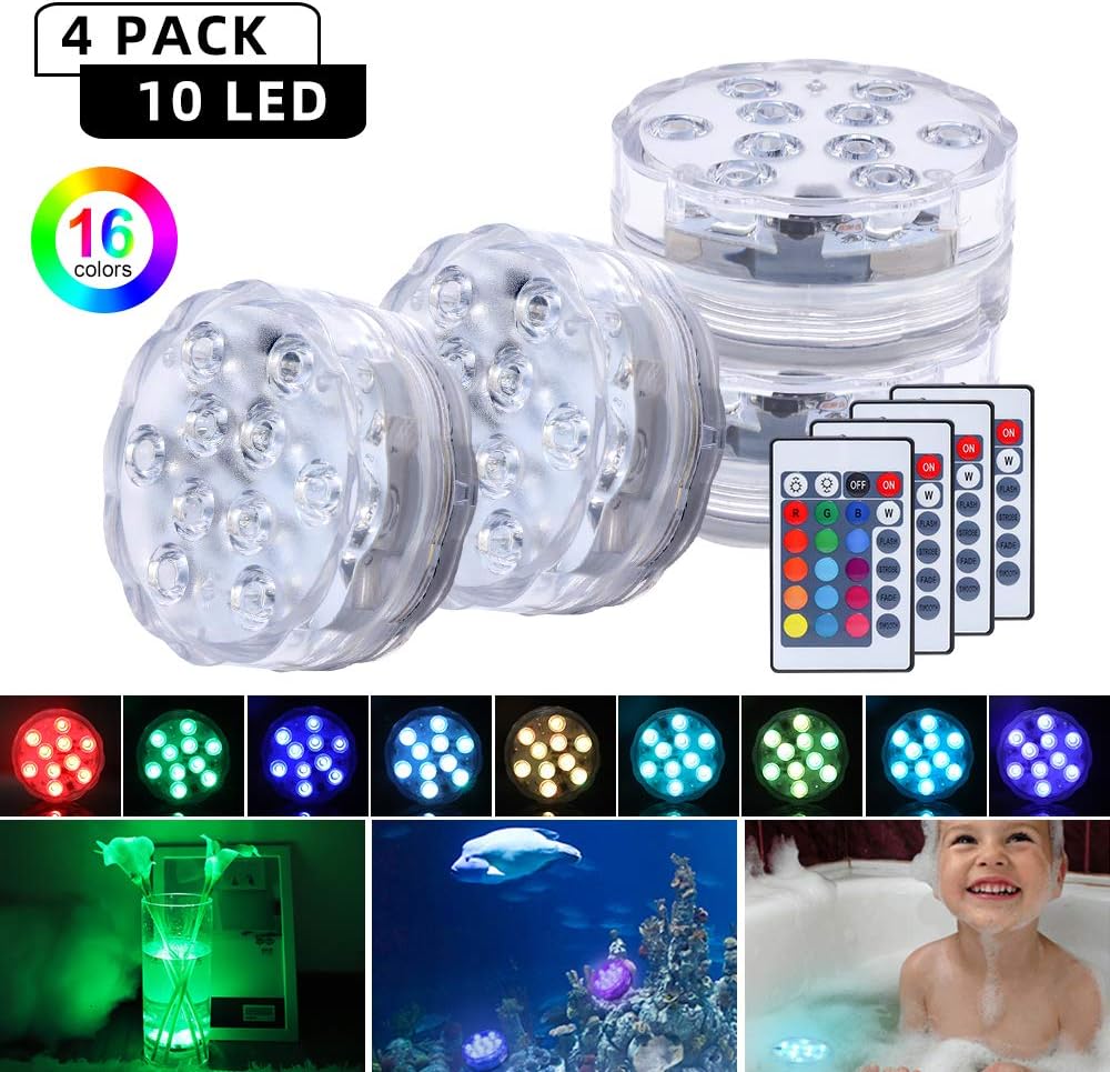 Submersible Pool Lights Underwater LED Lights with Remote Battery Operated Bath Tub Lights for Fish Tank,Aquarium,Tub,Fountain,Waterfall,Vase Base Best Christmas Party Supplies Events Décor (4Pack)
