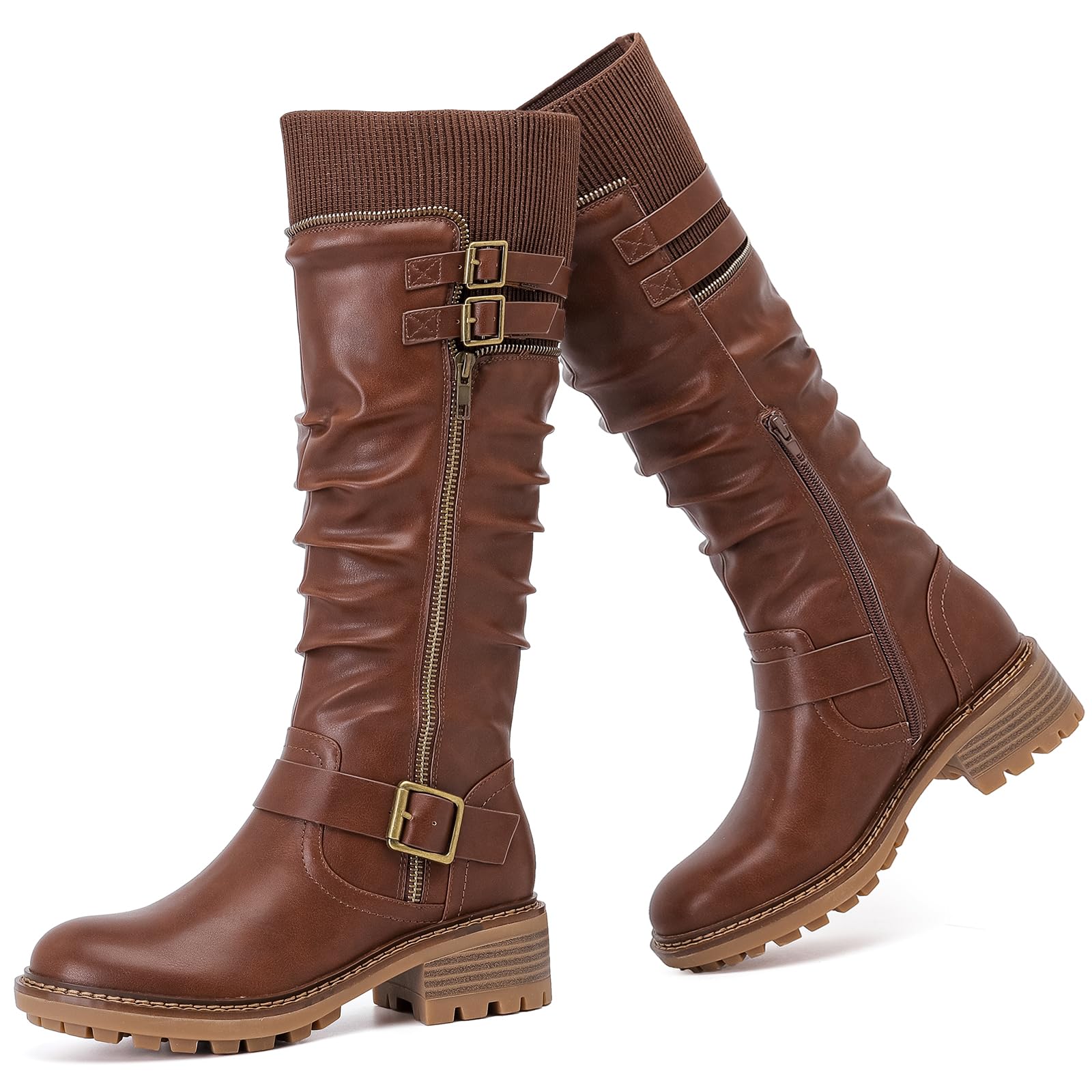 Knee High Boots for Women Comfort Low Heeled Tall Long Boot Round Toe Fall Winter Flat Riding Combat