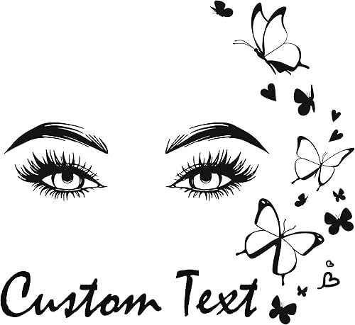 A TOP DESIGN Calcomanía de pared con diseño de ojos hermosos con cejas y mariposas con texto personalizado, calcomanía de pared para habitación de