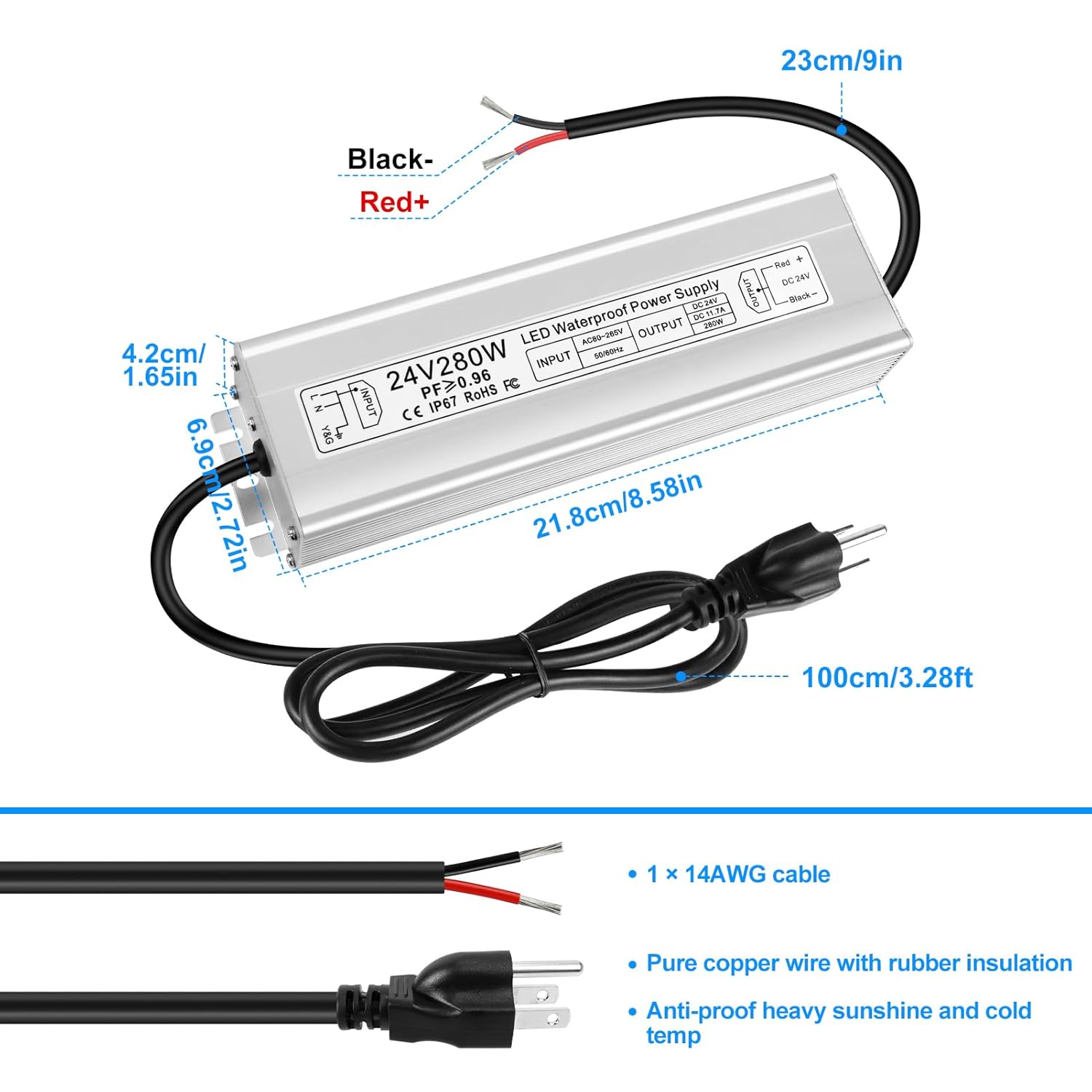 24V 280W LED Power Supply, IP67 Waterproof LED Driver, Low Voltage Transformer, AC 80-265V to DC 24V 11.67A Converter with 3-Prong Plug 3.3 Ft Cable for Outdoor LED Light, Landscape Light, Industrial