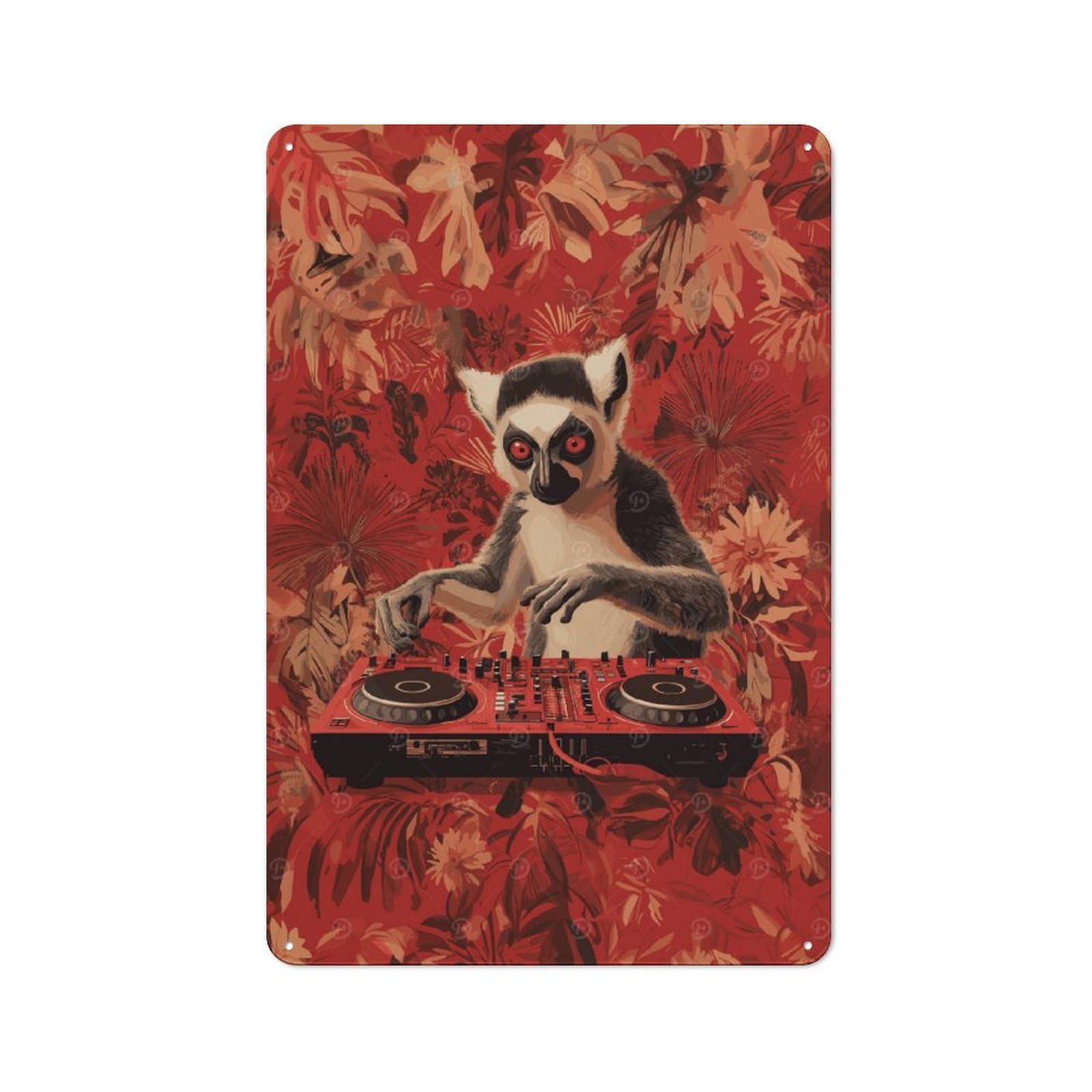 Junmoney Lemur Dj In Jungle Metal Sign 30X20cm With For Hallway Wall, Retro Decor, Autumn Home Decor For Collectors Of Metal Signs