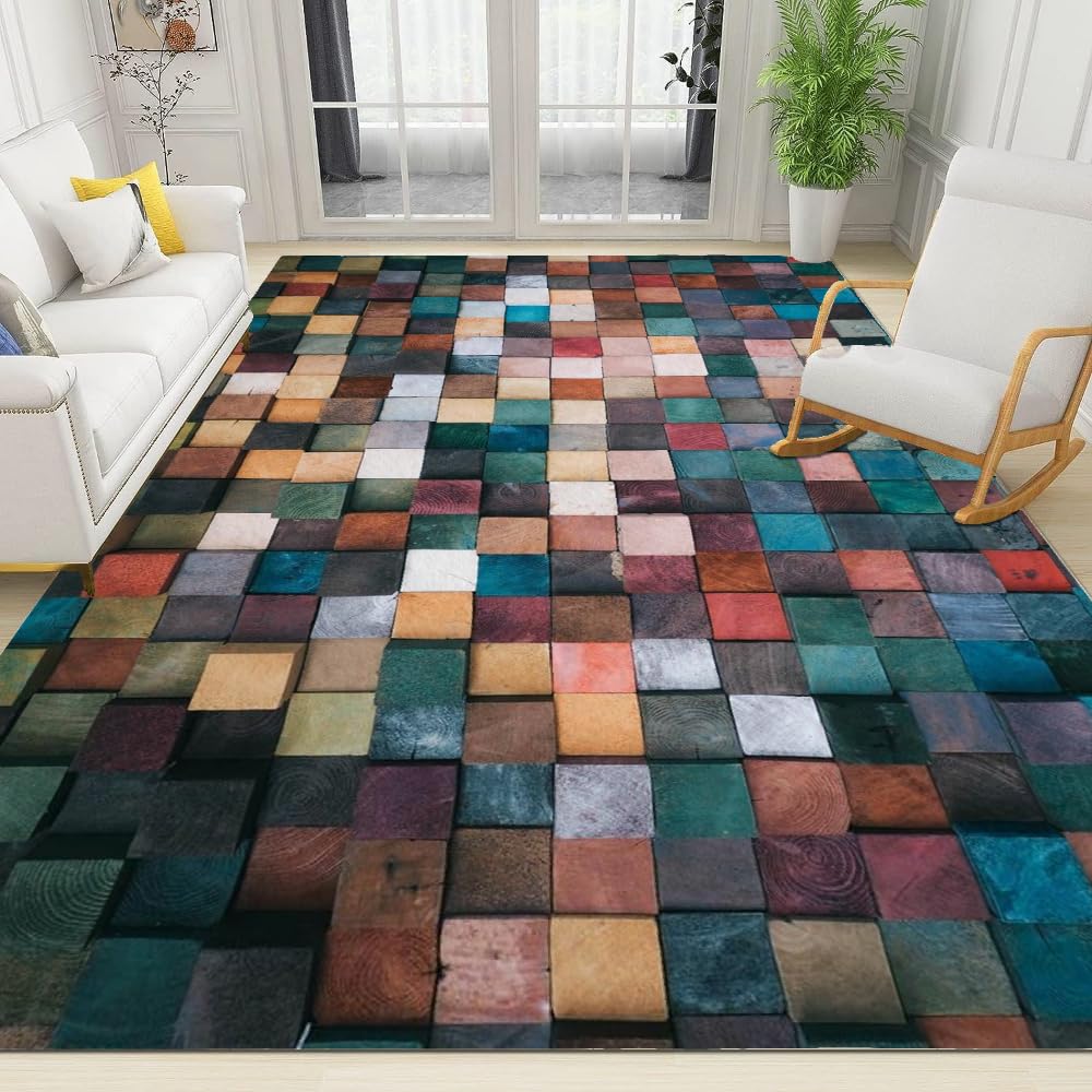 Modern Colorful Wood Grain Carpets,3'x 5'Retro Style Patchwork Area Rug for Living Room Non-Slip Floor Mats for Boys Girls Bedroom Dorm Nursery Modern
