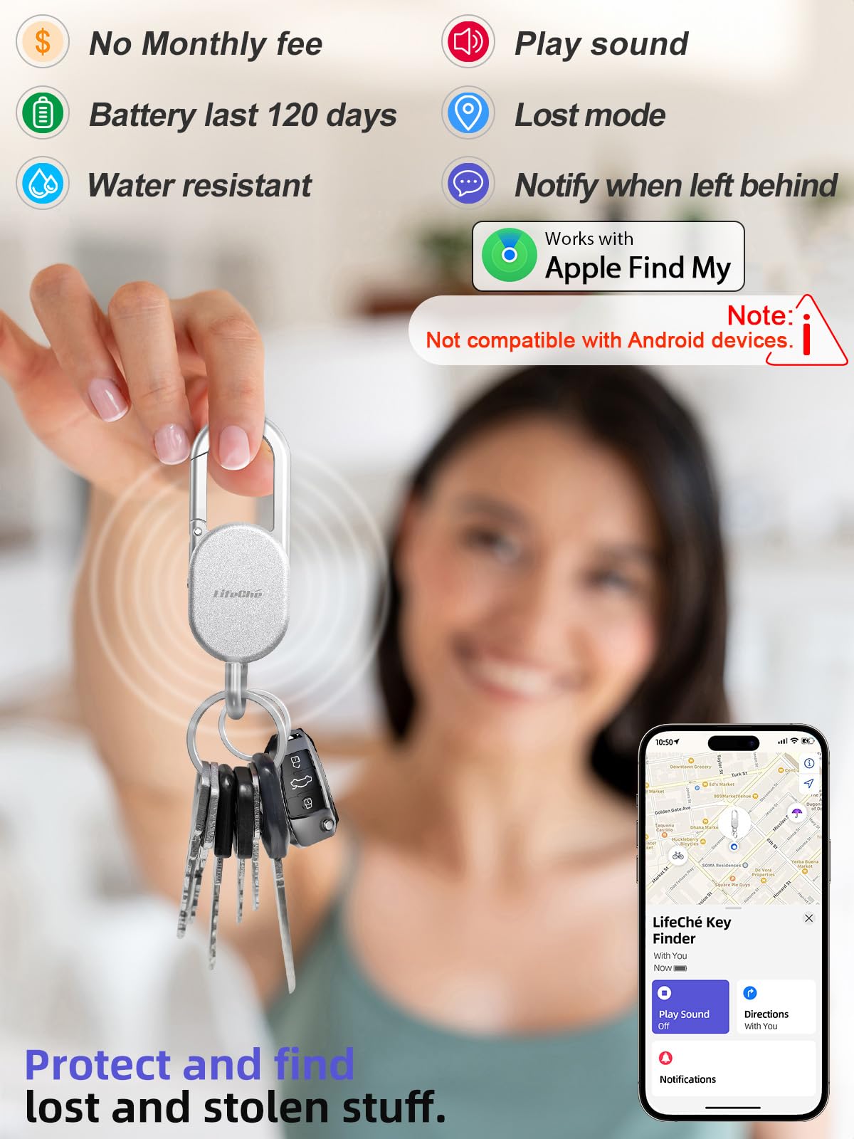 Portachiavi con localizzatore integrato anti-smarrimento, resistente, portachiavi in acciaio inox di alta qualità, con moschettone, con GPS Global Locator Tracking, impermeabile, argento