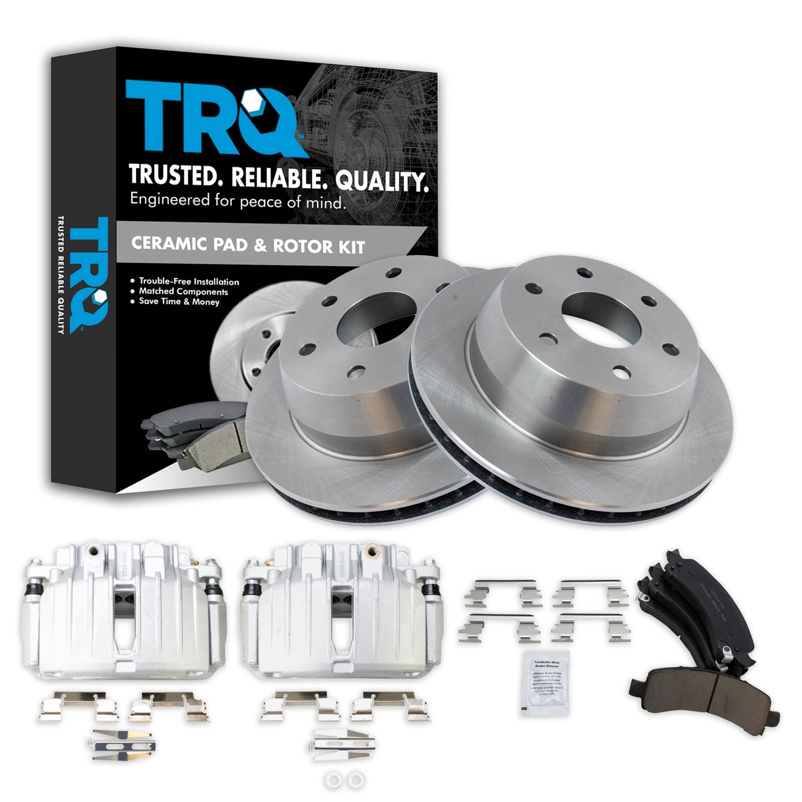 TRQ Rear Brake Pad, Caliper, &amp; Rotor Kit Ceramic Vented Compatible with 2002 Cadillac Escalade Chevrolet Avalanche 1500 Suburban 1500 Tahoe GMC Yukon Yukon XL 1500