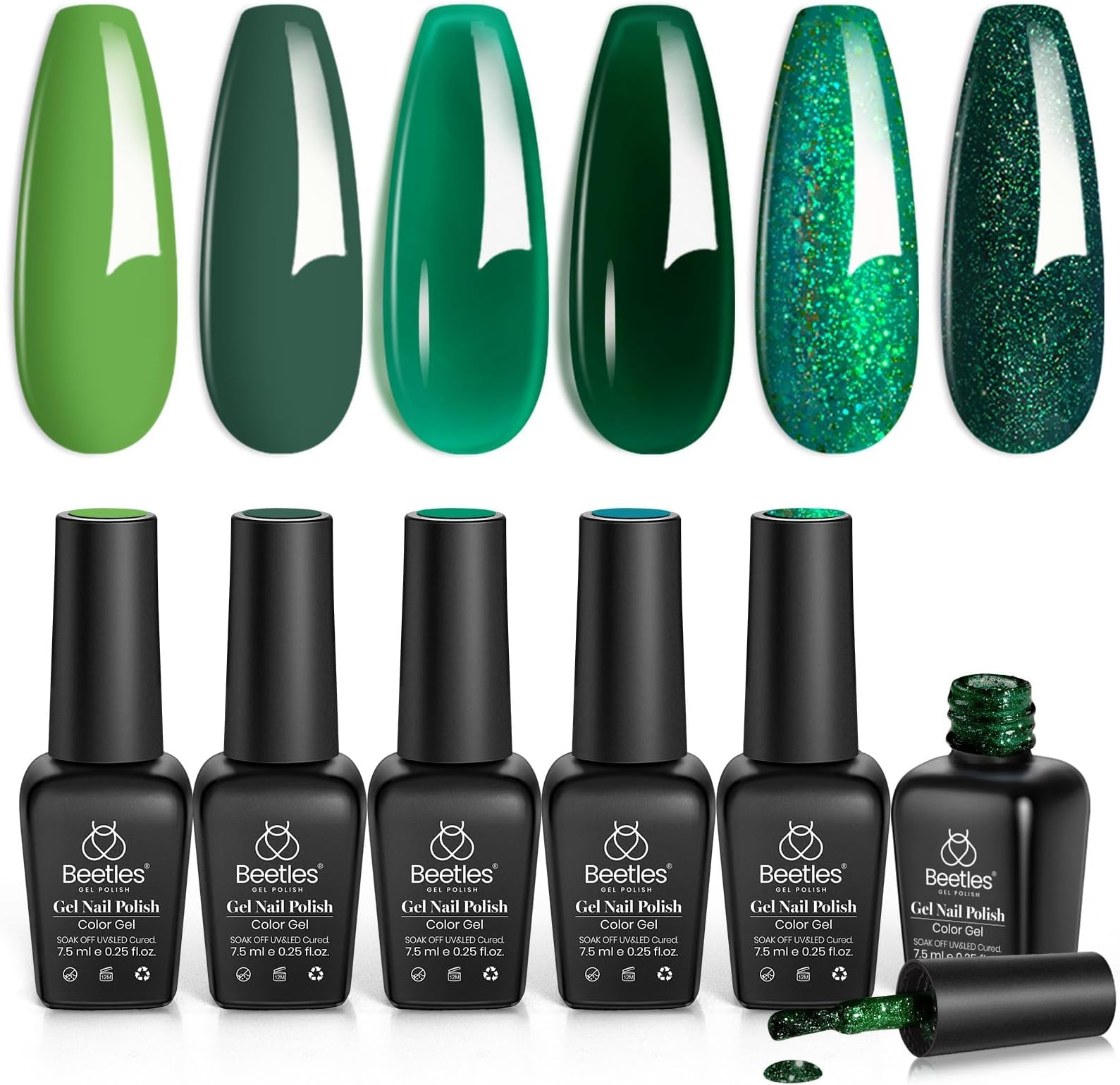 Beetles Green Gel Polish Set - 6 Color Spring Jelly Glitter Green Sparkle Gel Nail Polish Set, Soak Off UV Nail Lamp Avocado Dark Carnival Nail Art Design Home Salon Gifts for Women