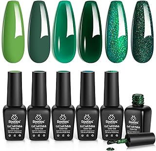 Beetles Green Gel Polish, 6 Color Glitter Green Sparkle Jelly Gel Nail Polish Set, Soak Off UV Nail Lamp Avocado Dark Carnival Nail Art Design Home Salon Valentines Gifts for Women