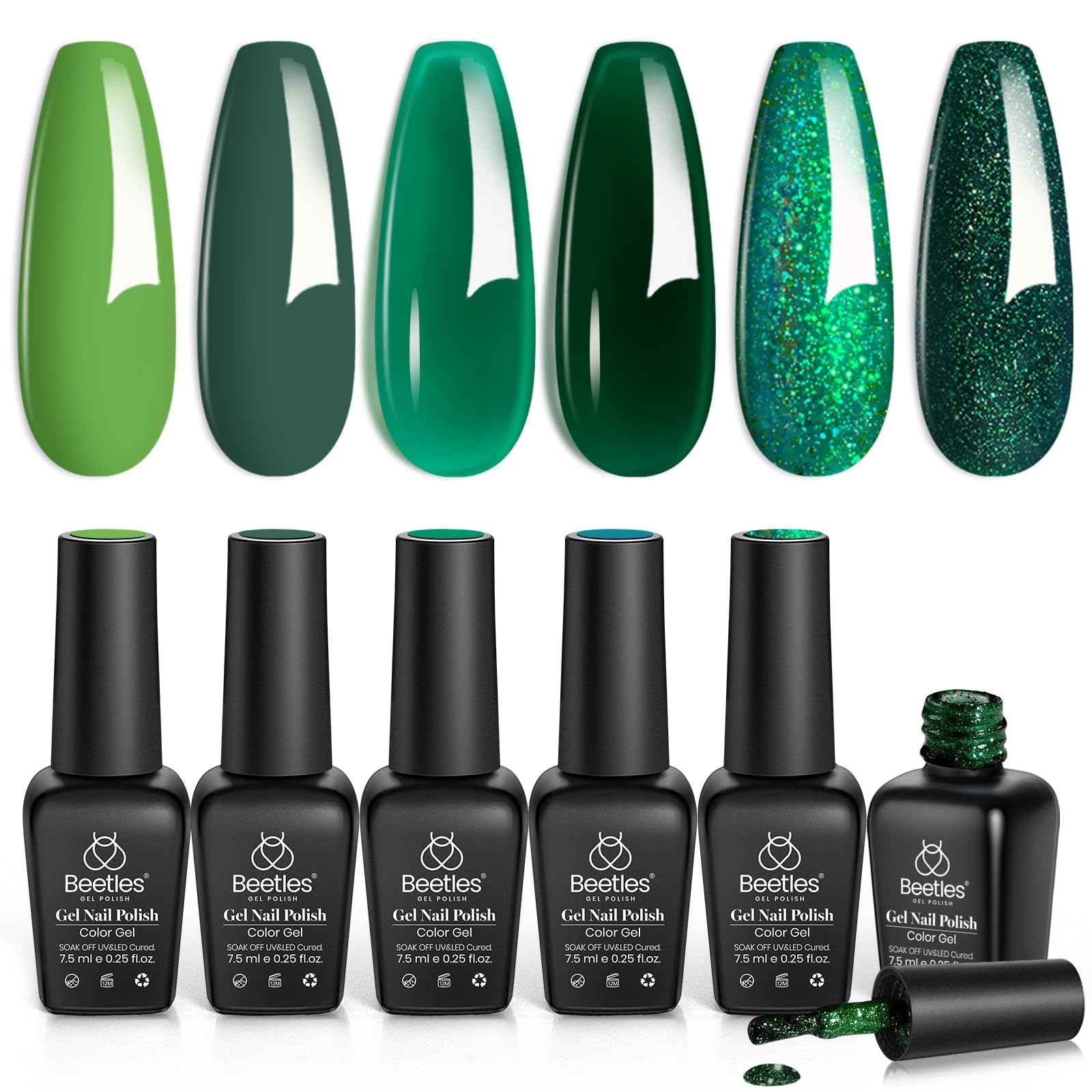 Beetles Christmas Green Gel Polish, 6 Color Glitter Green Lime Olive Emerald Shade, Soak Off UV Nail Lamp Jelly Sparkle Gel Nail Polish Set DIY Manicure Gifts for Women