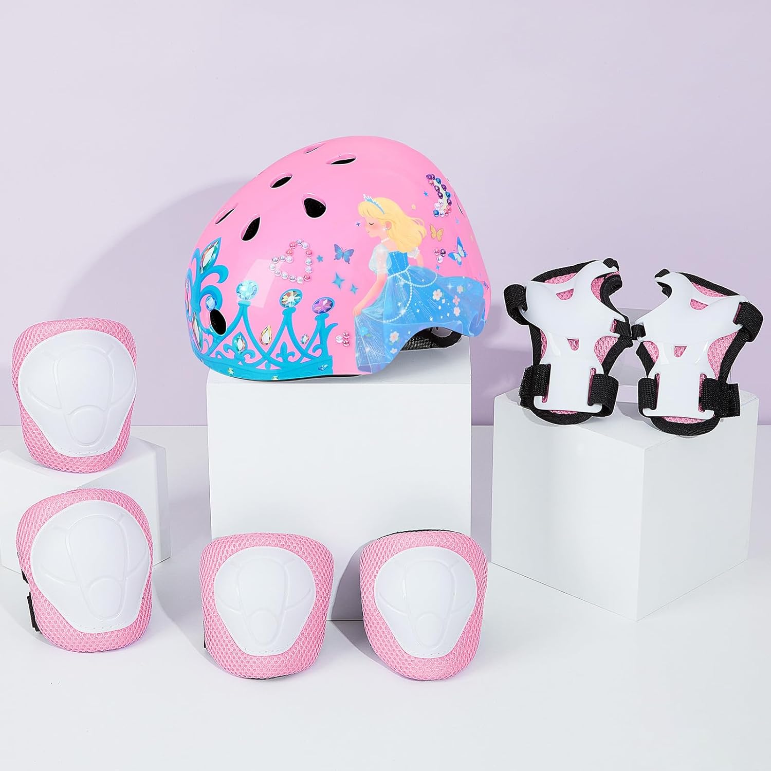 Toddler Bike Helmet Kids Helmet Knee Pads and Elbow Pads Set Adjustable Protective Gear Set with DIY Stickers for Girls Age 3-5-8 Years