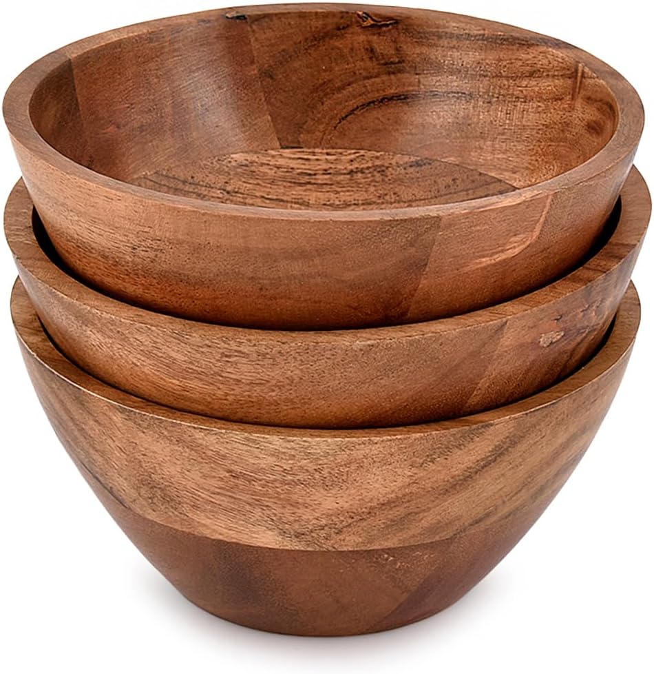 Indus Lifespace Soup Bowl Acacia Wood Decorative Wooden Organizer for Home Decor for Dips, Nuts & Garnishes (Set of 3) (6" X 6" X 2.75")