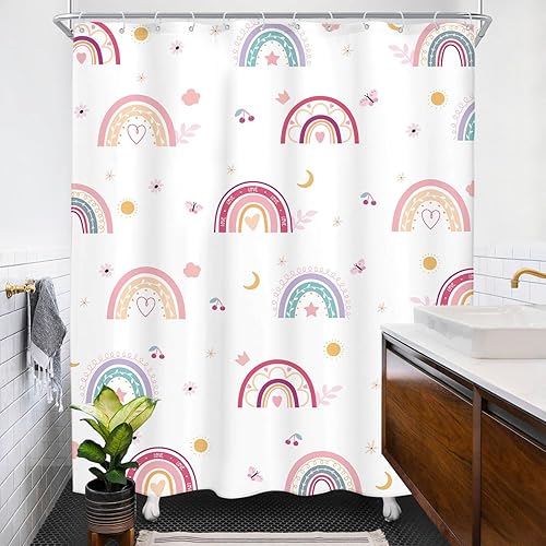 Miniatura 3 de Ufeela Cortina de ducha bohemia con diseño de arco iris, 60 pulgadas de ancho x 72 pulgadas de alto, diseño de dibujos animados, sol, luna, corazón,