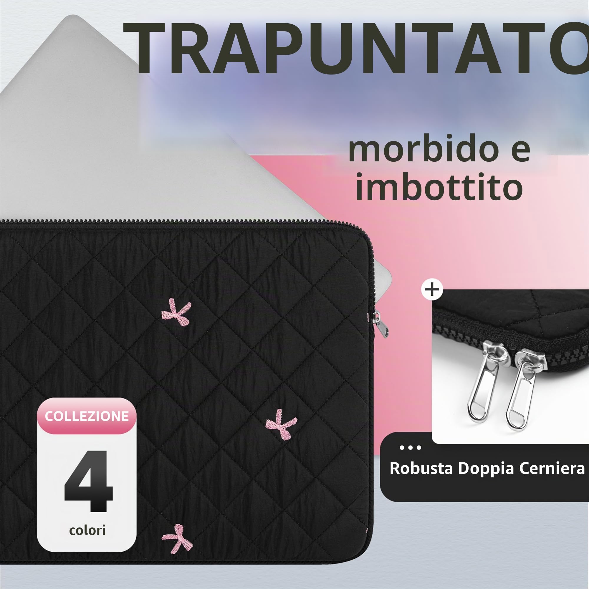 Custodia per Laptop 13-14 Pollici, Borsa Sleeve Protettiva con Fiocchi Ricamati, Compatibile con 13-14 MacBook/Chromebook/PC Notebook/Computer Portatile, Nero