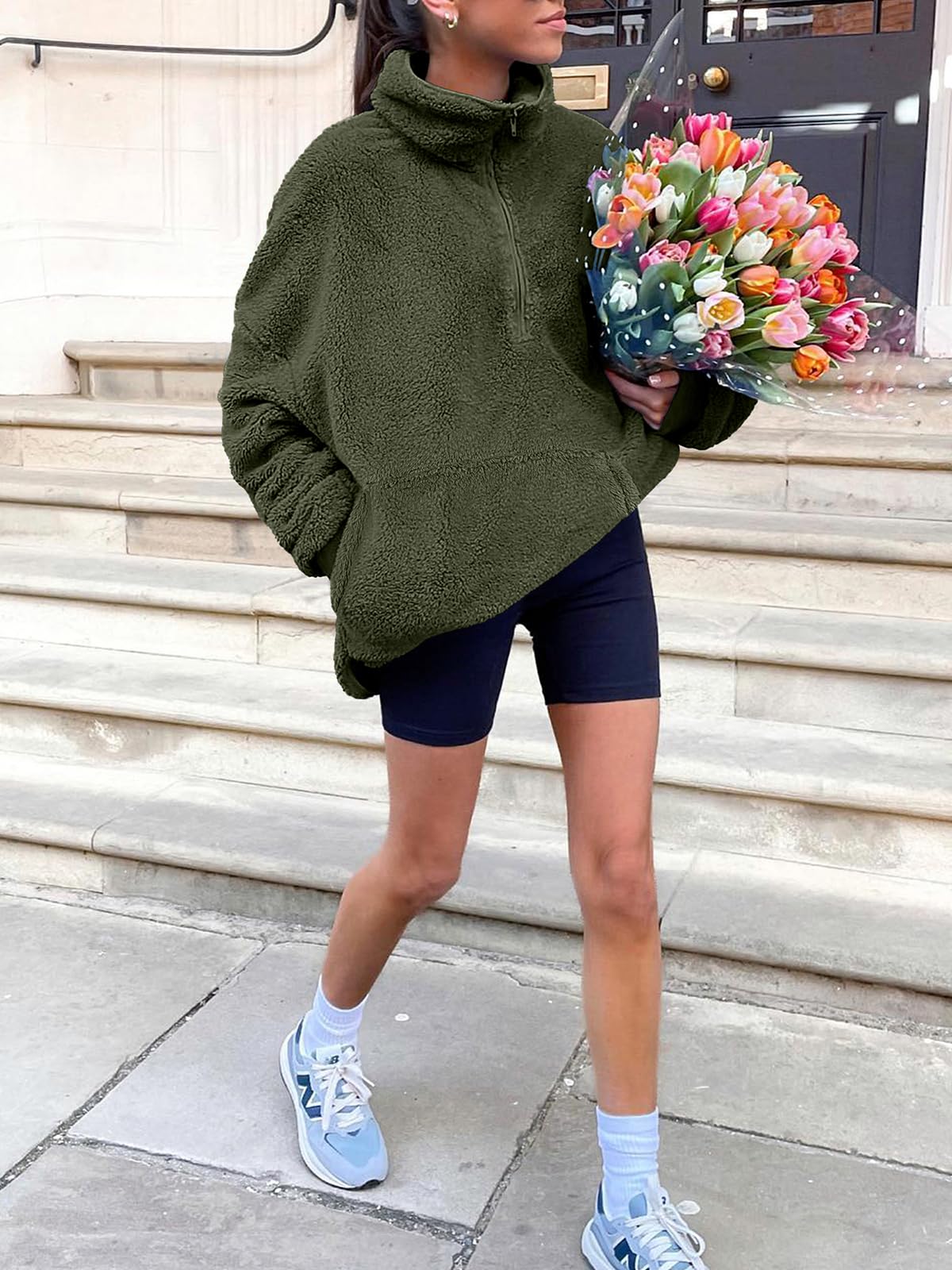 Damskie rozpinane bluzy oversize przycięte bluzy z kapturem na co dzień sweter z polaru topy 2024 moda jesienna, ciemnozielony, XL