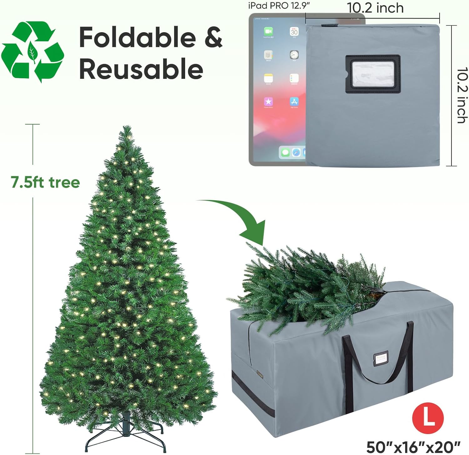 BALEINE 7.5 ft Christmas Tree Storage Bag, Heavy Duty 900D Oxford Fabric with Reinforced Handles and Dual Zippers Wide Opening, Extra Large Storage Container for Trees and Decorations (Grey) - Image 2