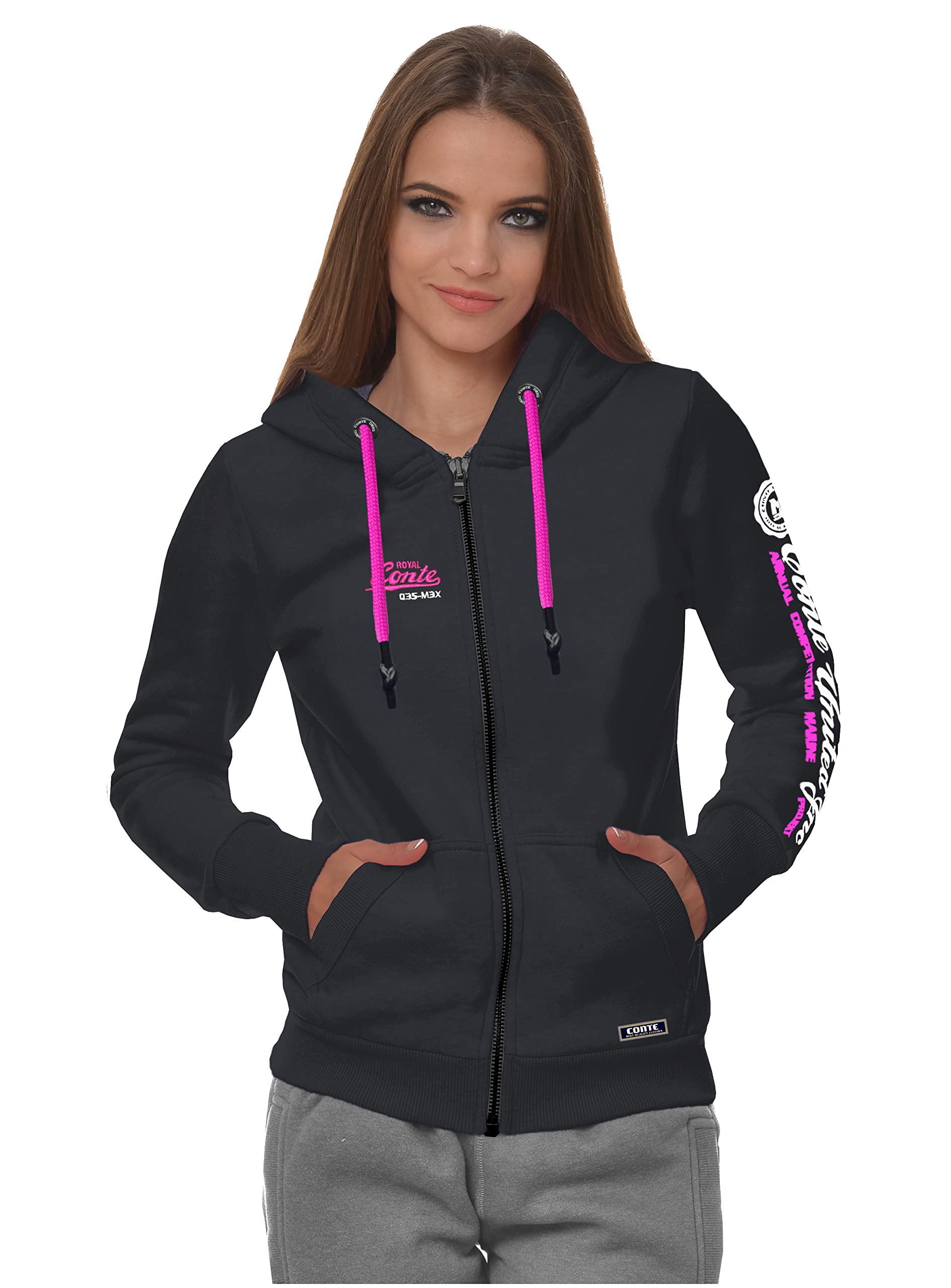 M.Conte Damen Hooded Sweater Sweat-Shirt-Jacke Schwarz Pink Mit Kapuze