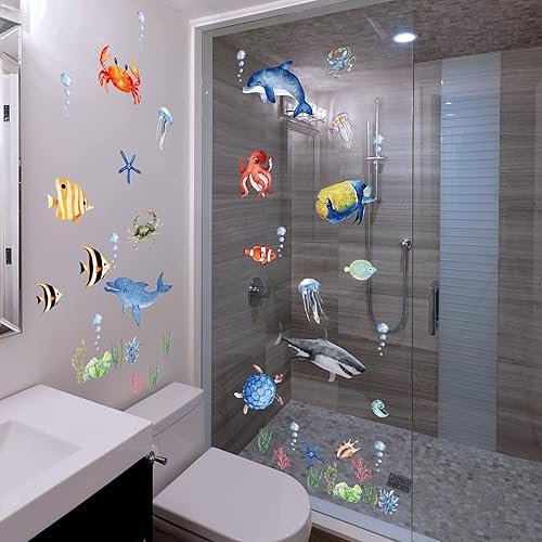 Miniatura 7 de 149 calcomanías de pared de animales del océano, calcomanías de pared de medusas extraíbles con peces bajo el mar, animales con vista al mar,
