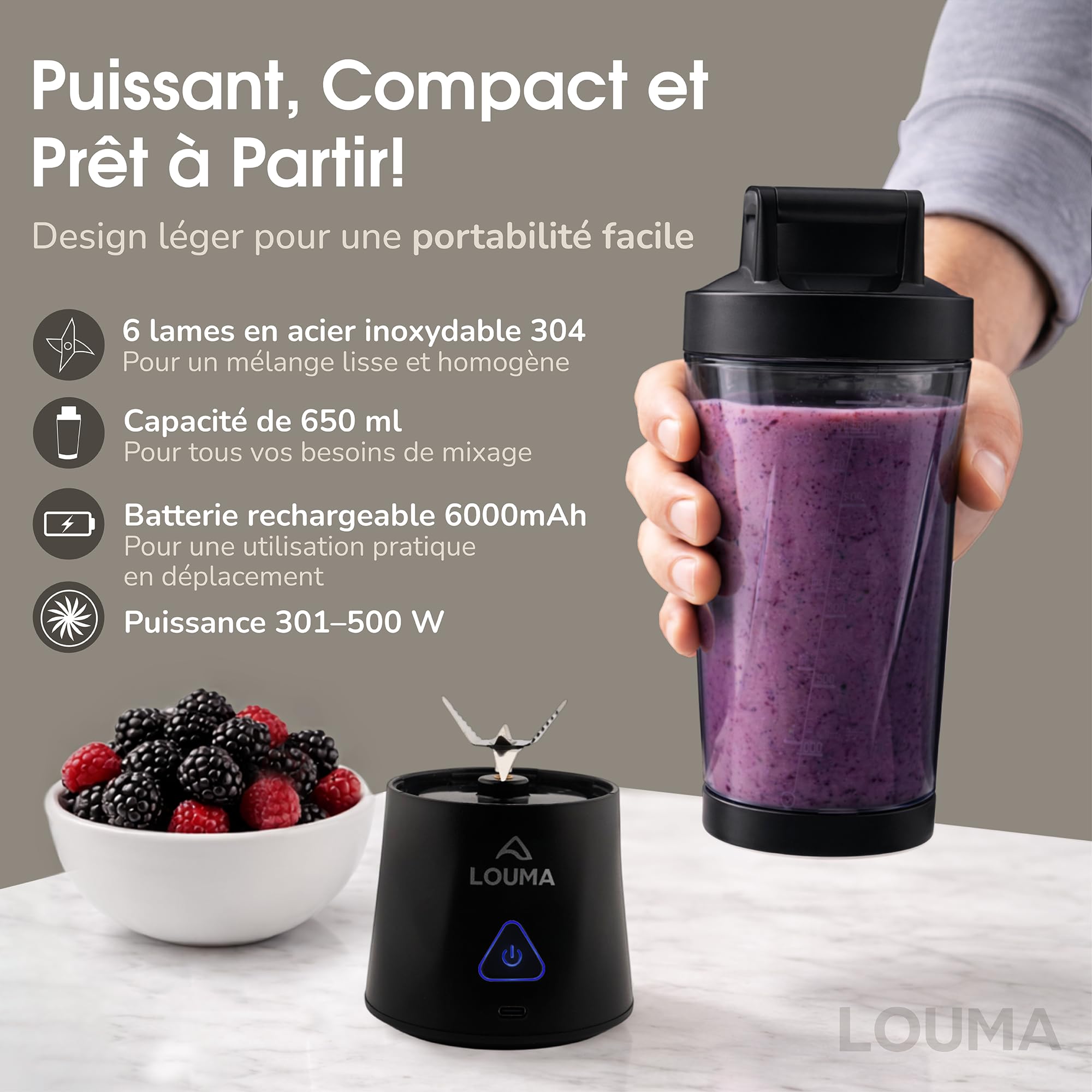 LOUMA Blender Portable 650ml – Mixeur Smoothie Rechargeable USB 6000mAh – 6 Lames Inox Puissantes – Sans BPA – Pour Smoothies, Shakes, Fruits & Glace – Mini Blender Sport & Voyage (Noir)