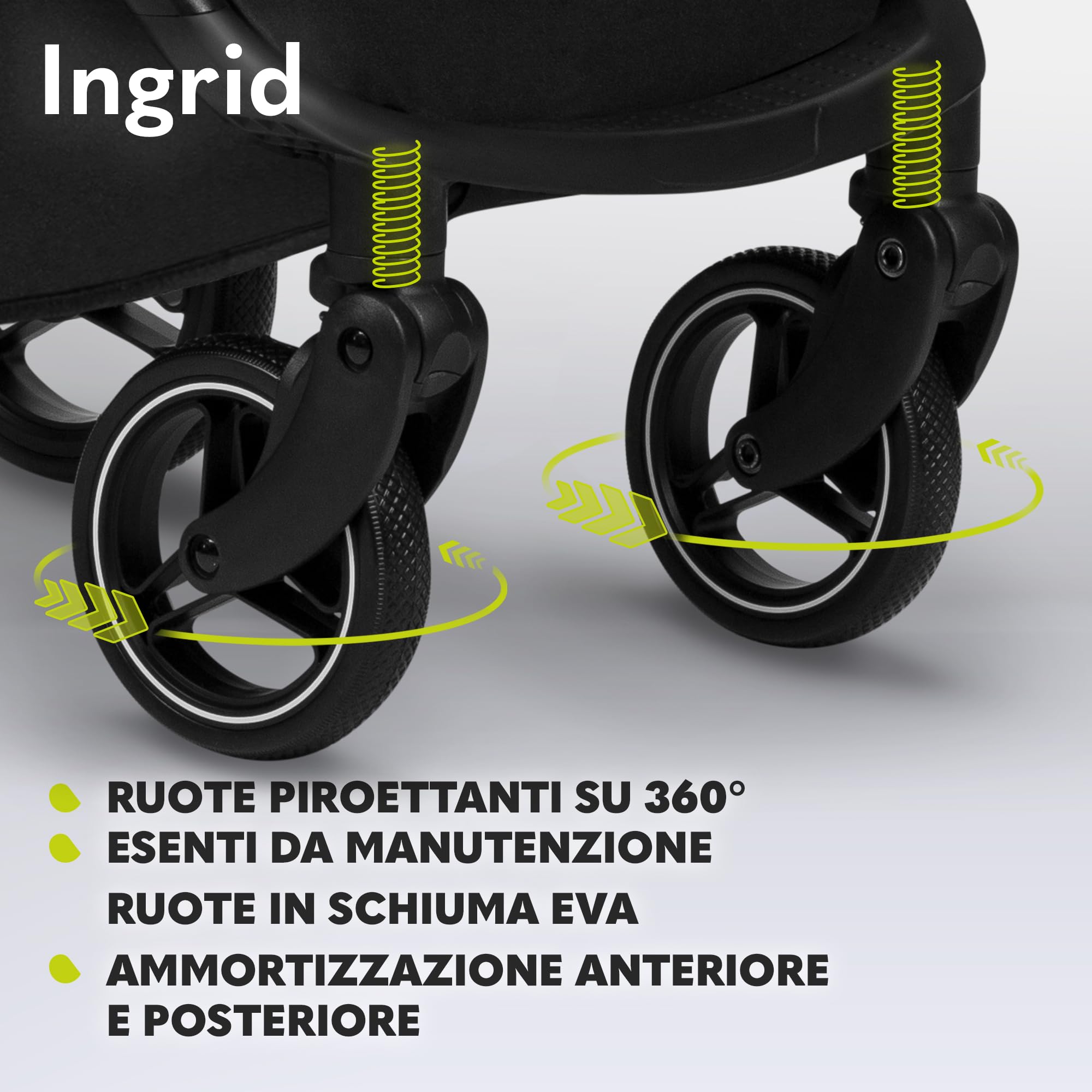 LIONELO INGRID Passeggino leggero per bambini 6 mesi 4 anni 22kg Grandi ruote 360° Schiuma EVA Assorbimento Pieghevole Schienale poggiapiedi regolabili