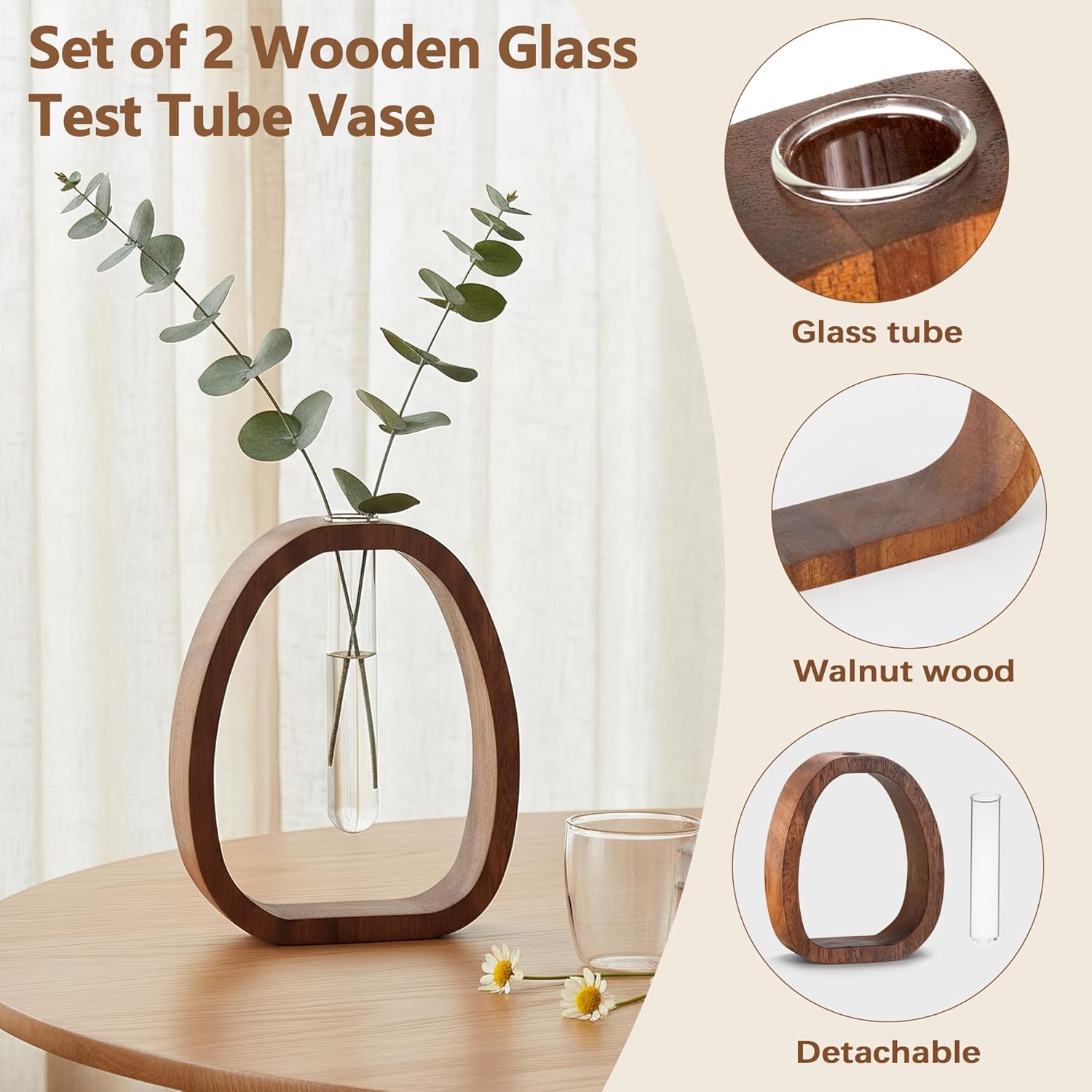 Houmury Set of 2 Glass Test Tube Vase Walnut Wood 7.5” & 5.8” Modern Farmhouse Propagation Stations for Home Decoration, Table Centerpieces