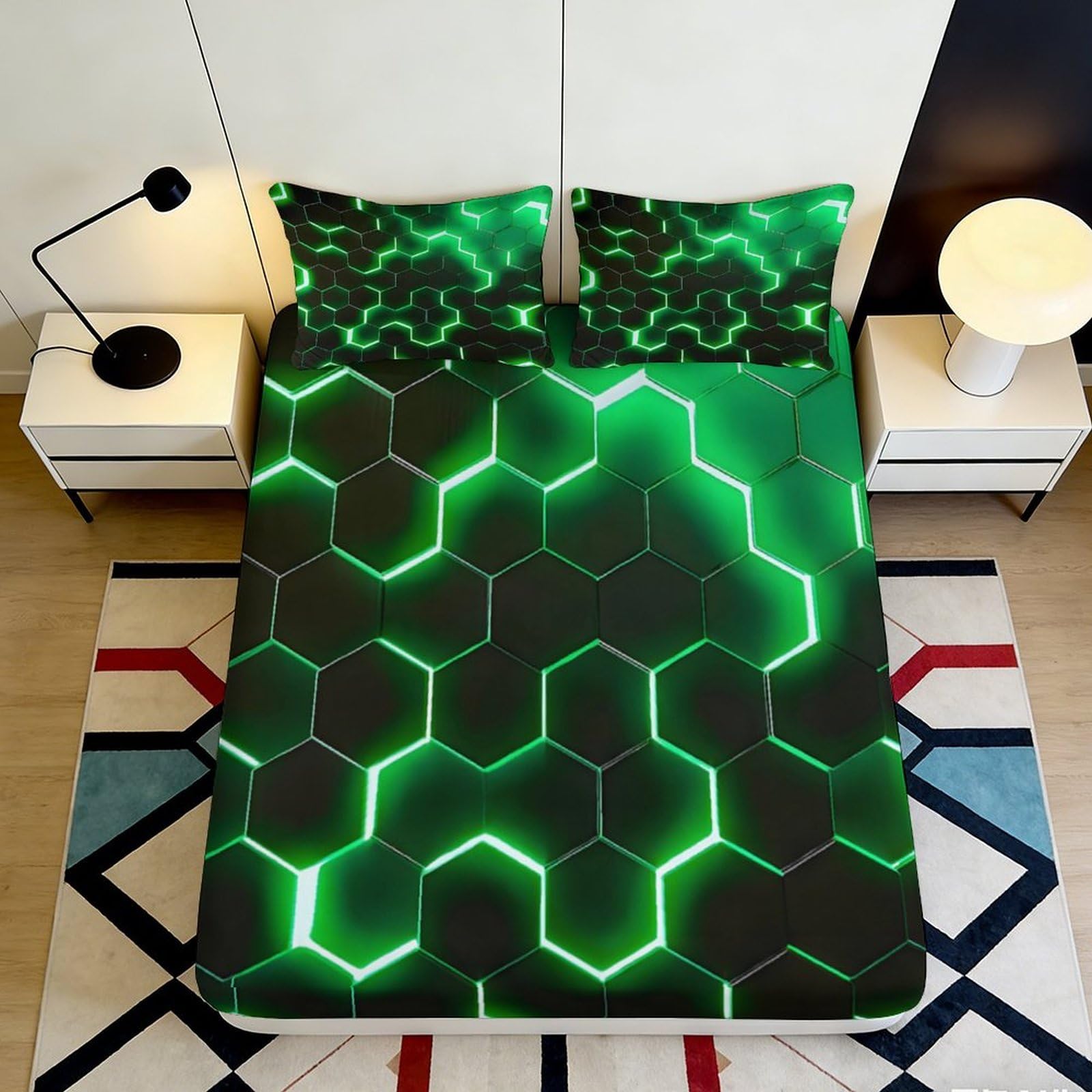 3D Printed Neon Hexagon Fitted Sheet Microfiber Soft Breathable Green Geometric Mattress Cover Bedroom Decor 90x200x25cm