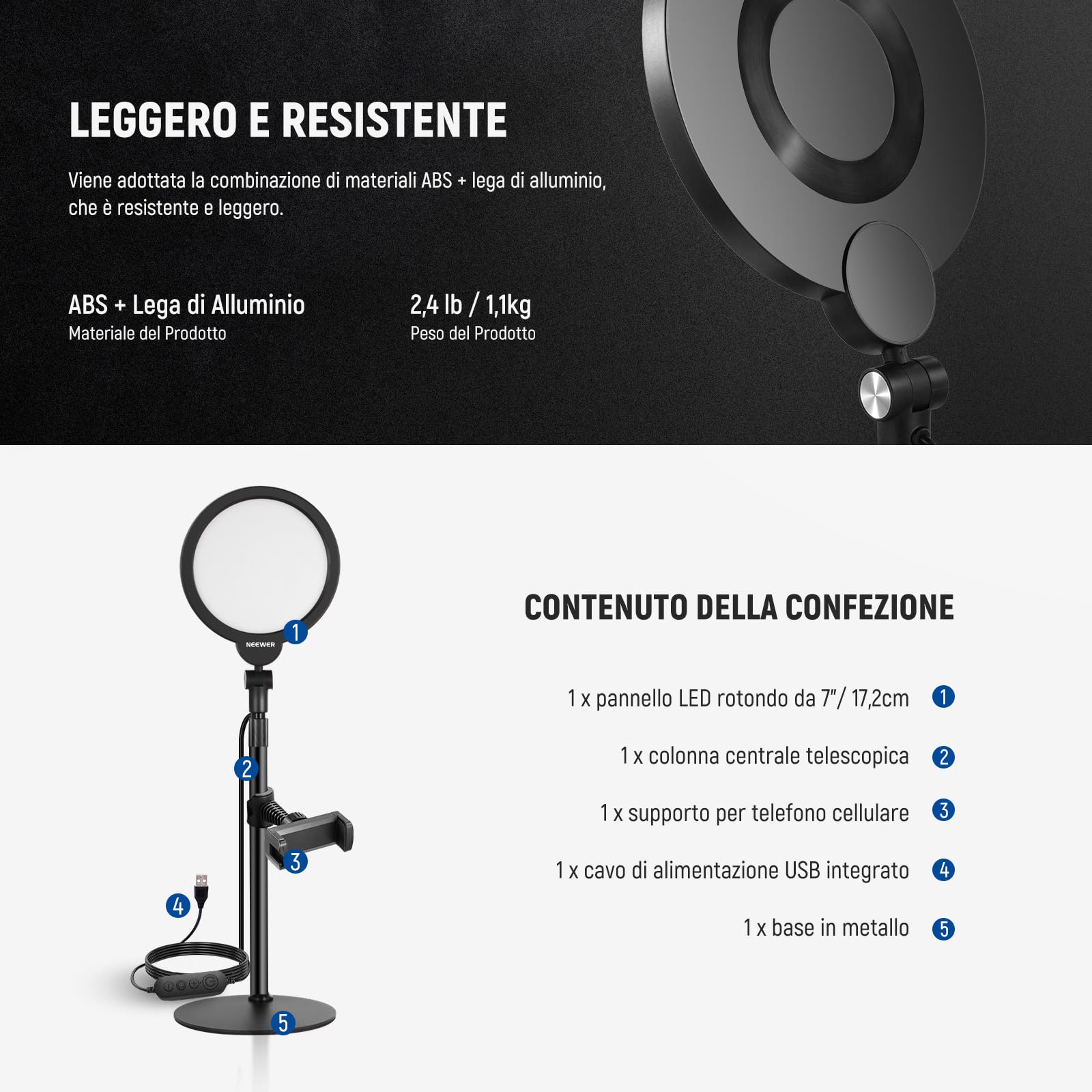 NEEWER BASICS 7" Desk Luce ad Anello Per Registrazione Video, R06 | Full Schermo Key Illuminazione, Supporto, Supporto Telefono Per iPhone, Computer, Laptop, Vlog, Live Streaming